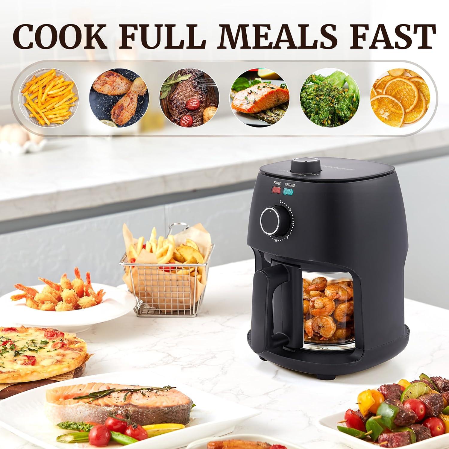 image:imageElite Gourmet Glass Air Fryer 24 Qt Compact Size for 12 People PFASFree Ceramic amp Glass Basket Visible Cooking Adjustable Temp 175400F 1150W Black24 Quart