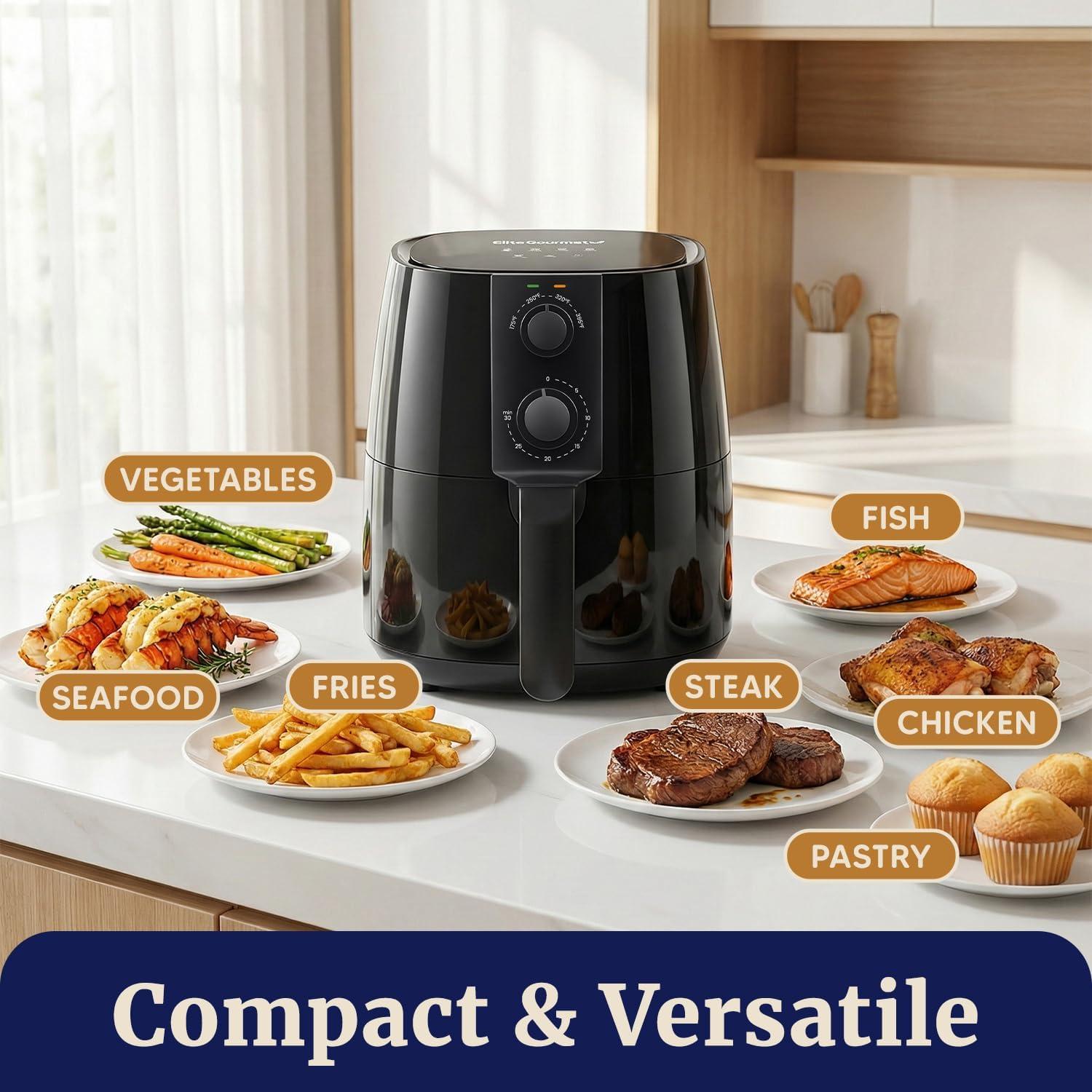 image:imageElite Gourmet Glass Air Fryer 24 Qt Compact Size for 12 People PFASFree Ceramic amp Glass Basket Visible Cooking Adjustable Temp 175400F 1150W Black4 Quart