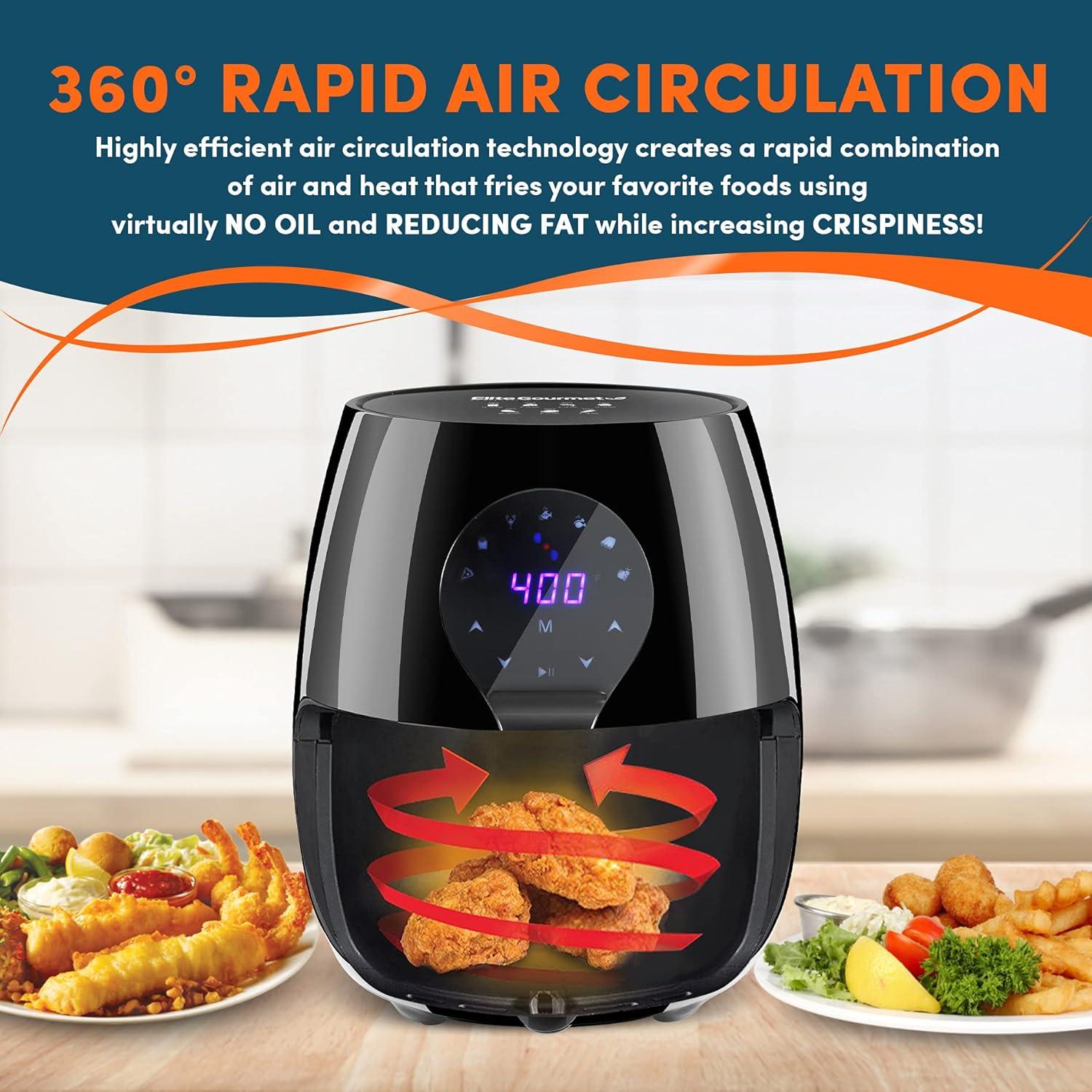 image:imageElite Gourmet Glass Air Fryer 24 Qt Compact Size for 12 People PFASFree Ceramic amp Glass Basket Visible Cooking Adjustable Temp 175400F 1150W Black53 Quart