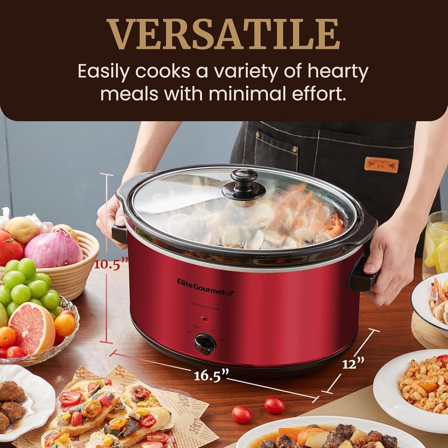 image:imageElite Gourmet MST900RXT Electric Ceramic XL Jumbo Slow Cooker Adjustable Temp Entrees Sauces Stews amp Dips Dishwasher Safe Glass Lid amp Crock 85Qt Metallic Red