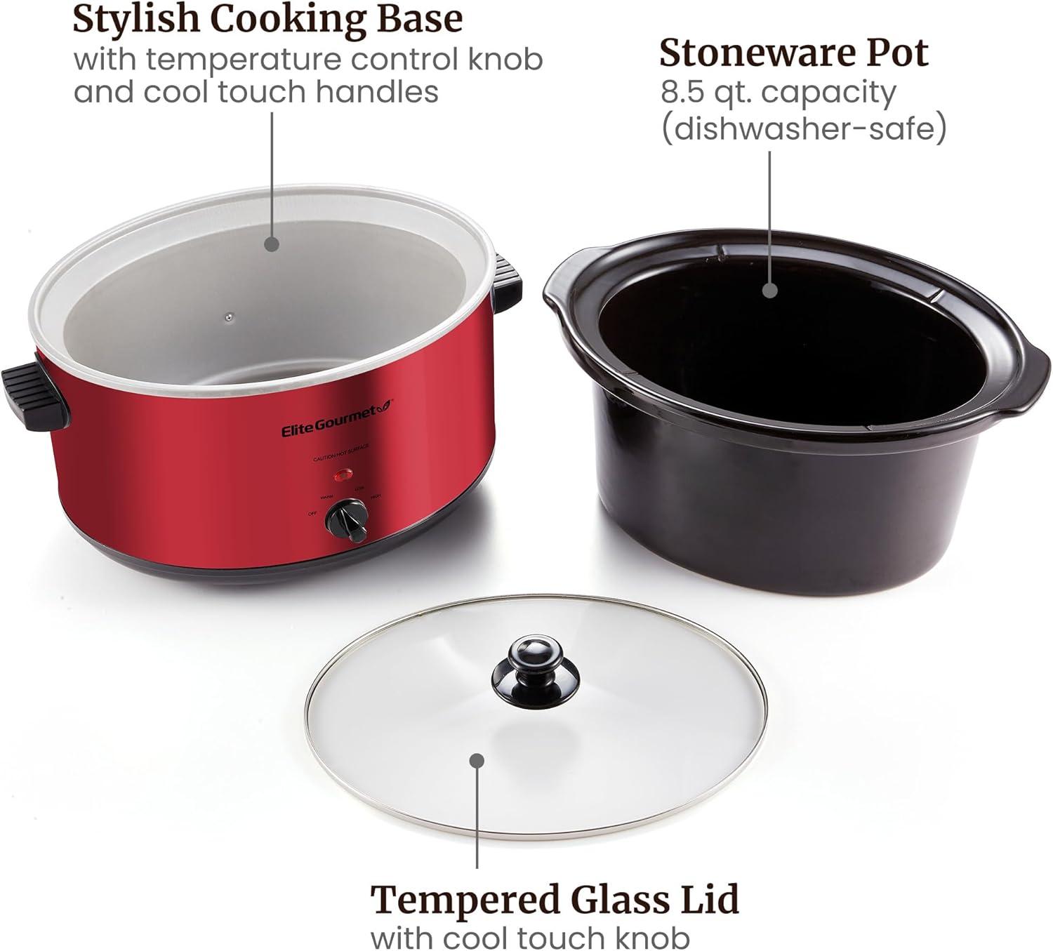 image:imageElite Gourmet MST900RXT Electric Ceramic XL Jumbo Slow Cooker Adjustable Temp Entrees Sauces Stews amp Dips Dishwasher Safe Glass Lid amp Crock 85Qt Metallic Red
