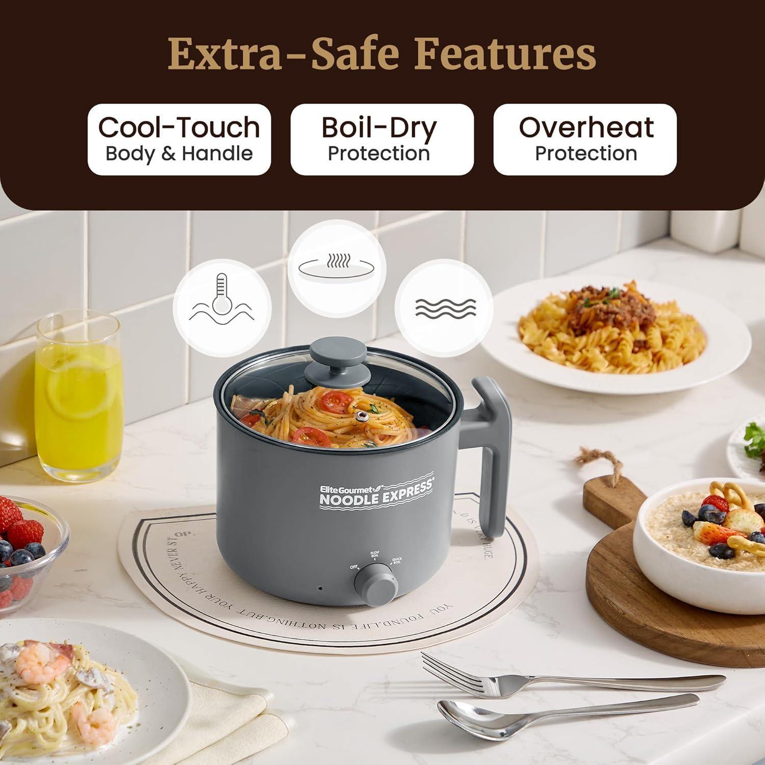 image:imageElite Gourmet NOODLE EXPRESS Hot Pot Prepare Ramen Rice Soups Stews Boil Water StainlessSteel Interior Glass Lid HighLowOff Settings GreyCeramic