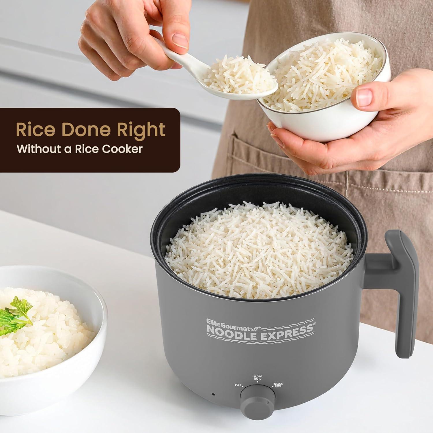 image:imageElite Gourmet NOODLE EXPRESS Hot Pot Prepare Ramen Rice Soups Stews Boil Water StainlessSteel Interior Glass Lid HighLowOff Settings GreyCeramic