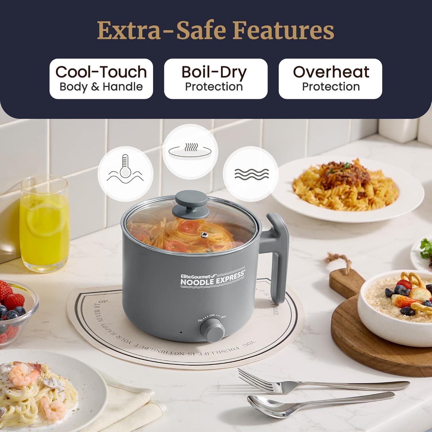 image:imageElite Gourmet NOODLE EXPRESS Hot Pot Prepare Ramen Rice Soups Stews Boil Water StainlessSteel Interior Glass Lid HighLowOff Settings GreyStainless Steel