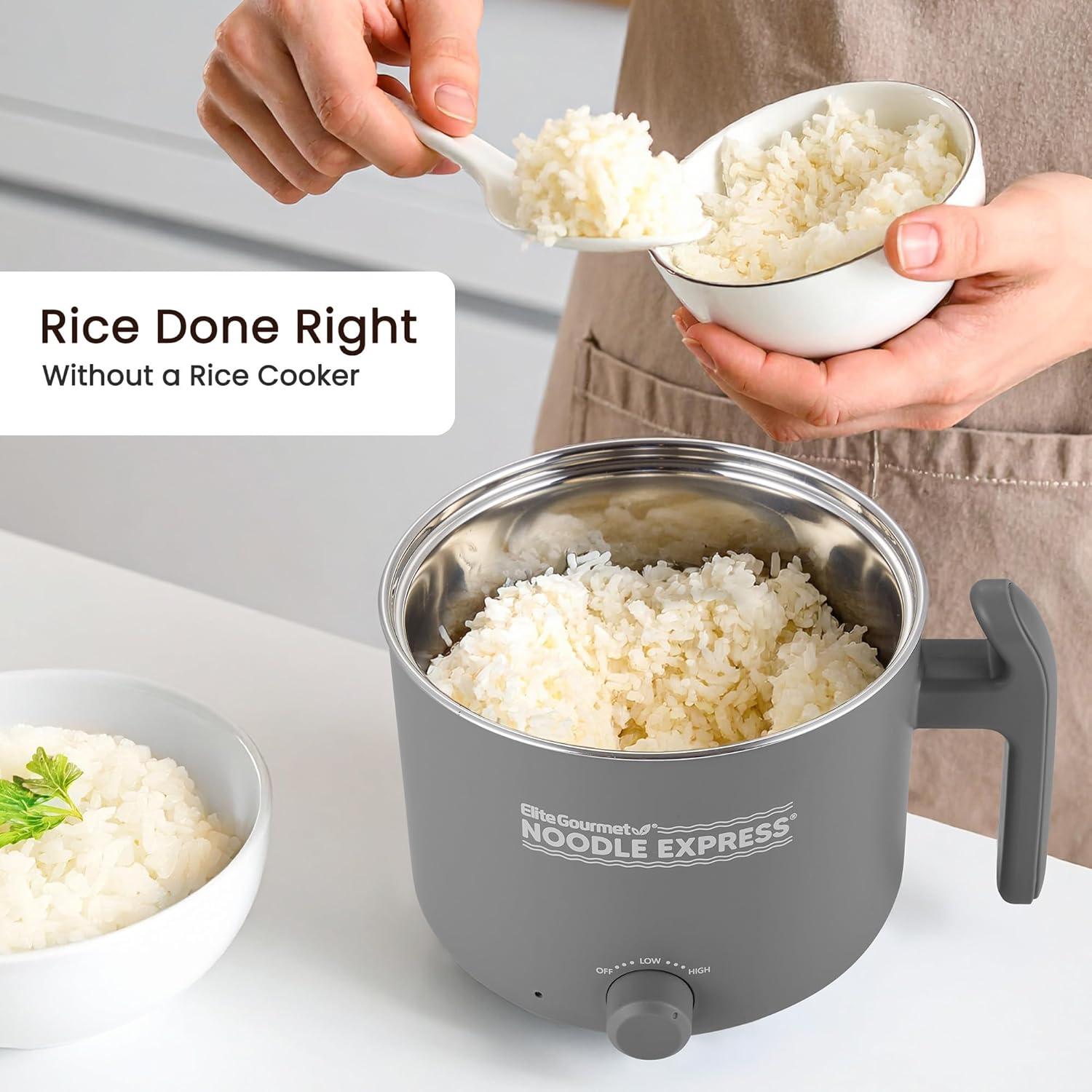 image:imageElite Gourmet NOODLE EXPRESS Hot Pot Prepare Ramen Rice Soups Stews Boil Water StainlessSteel Interior Glass Lid HighLowOff Settings GreyStainless Steel
