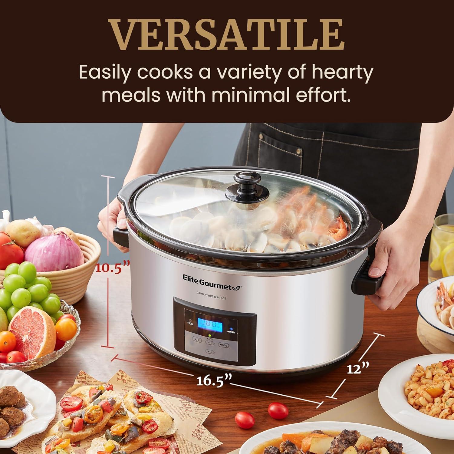 image:imageElite Gourmet Stainless Steel Slow Cooker DishwasherSafe with Tempered Glass Lid CoolTouch Handles Removable Stoneware Pot 85 QuartMST900VStainless Steel