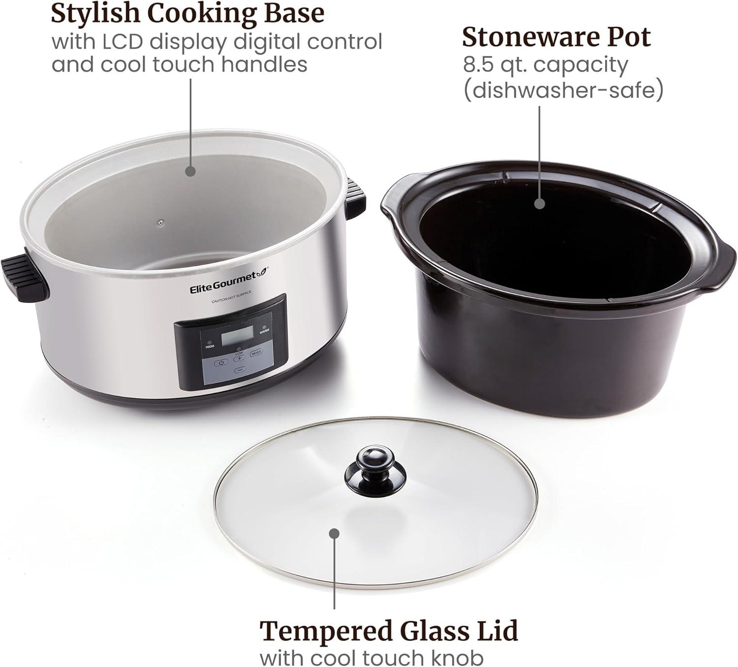 image:imageElite Gourmet Stainless Steel Slow Cooker DishwasherSafe with Tempered Glass Lid CoolTouch Handles Removable Stoneware Pot 85 QuartMST900VStainless Steel