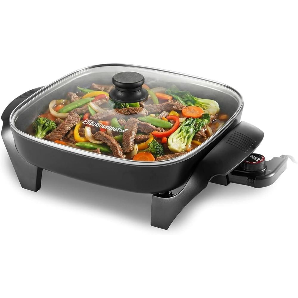 image:imageElite Gourmet 12 x 12 x 3 Ceralast PFAS Free Ceramic Electric Skillet Dishwasher Safe Xtra Deep Dish Rapid Heat 1200W Black6Qt