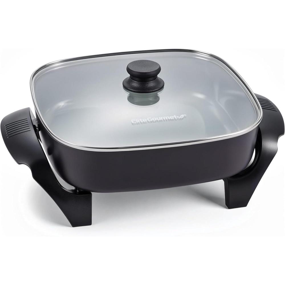 image:imageElite Gourmet 12 x 12 x 3 Ceralast PFAS Free Ceramic Electric Skillet Dishwasher Safe Xtra Deep Dish Rapid Heat 1200W Black75Qt