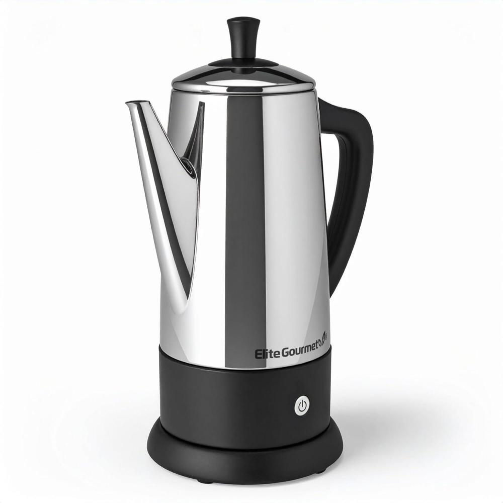 image:imageElite Gourmet 12Cup Electric Coffee Percolator Dishwasher Safe StainlessSteel Filter Lid amp Tube Keep Warm 360 Swivel Base Cordless Serving StainlessSteel