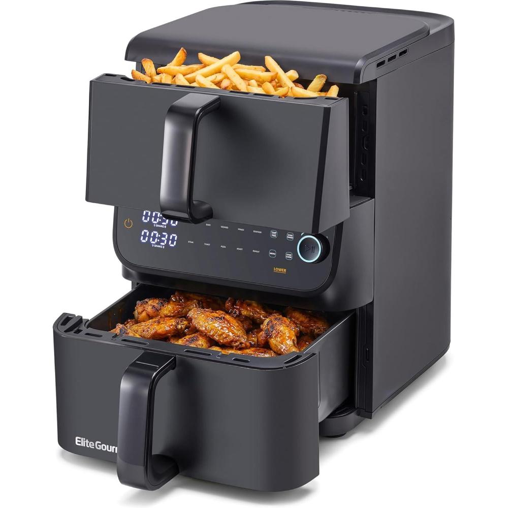 image:imageElite Gourmet Glass Air Fryer 24 Qt Compact Size for 12 People PFASFree Ceramic amp Glass Basket Visible Cooking Adjustable Temp 175400F 1150W Black105 Quart