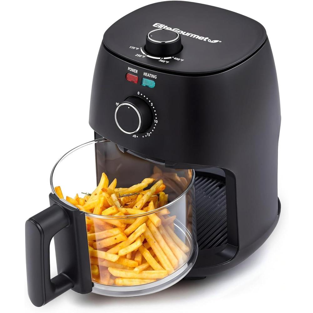 image:imageElite Gourmet Glass Air Fryer 24 Qt Compact Size for 12 People PFASFree Ceramic amp Glass Basket Visible Cooking Adjustable Temp 175400F 1150W Black24 Quart