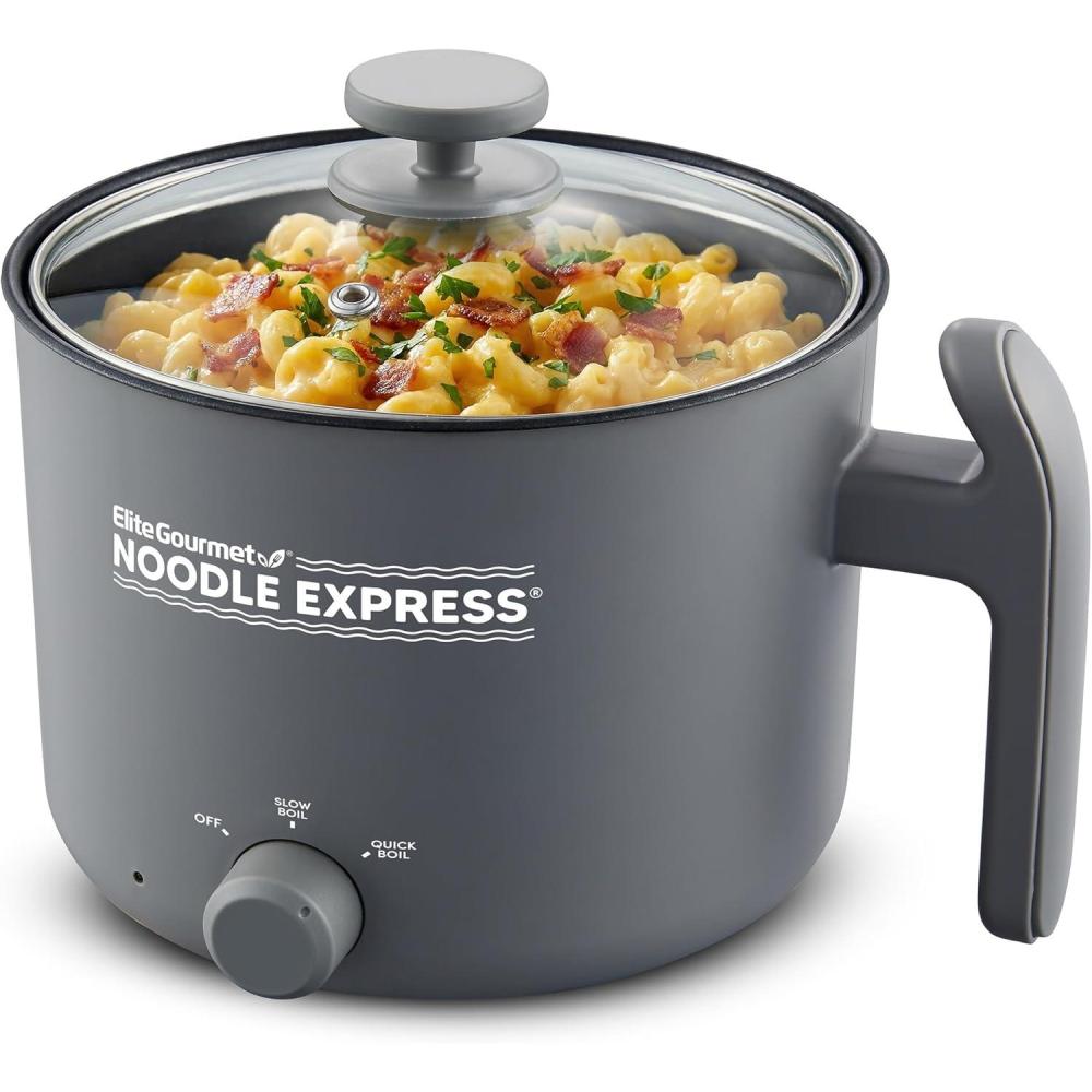 image:imageElite Gourmet NOODLE EXPRESS Hot Pot Prepare Ramen Rice Soups Stews Boil Water StainlessSteel Interior Glass Lid HighLowOff Settings GreyCeramic