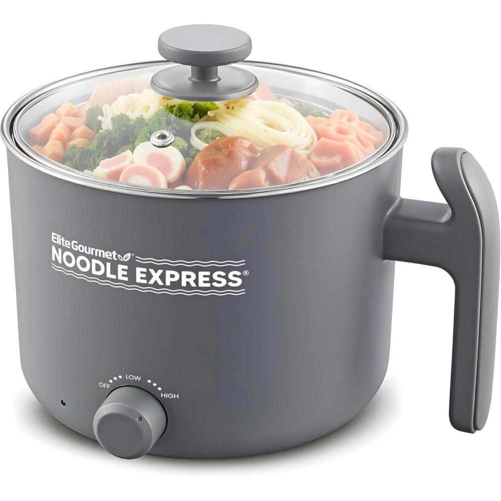 image:imageElite Gourmet NOODLE EXPRESS Hot Pot Prepare Ramen Rice Soups Stews Boil Water StainlessSteel Interior Glass Lid HighLowOff Settings GreyStainless Steel