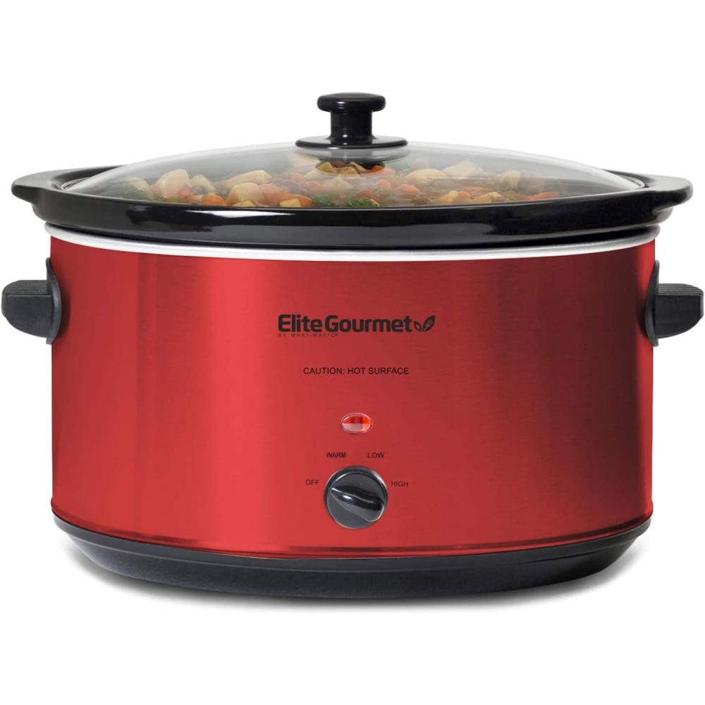 image:imageElite Gourmet Stainless Steel Slow Cooker DishwasherSafe with Tempered Glass Lid CoolTouch Handles Removable Stoneware Pot 85 QuartMST900VRed