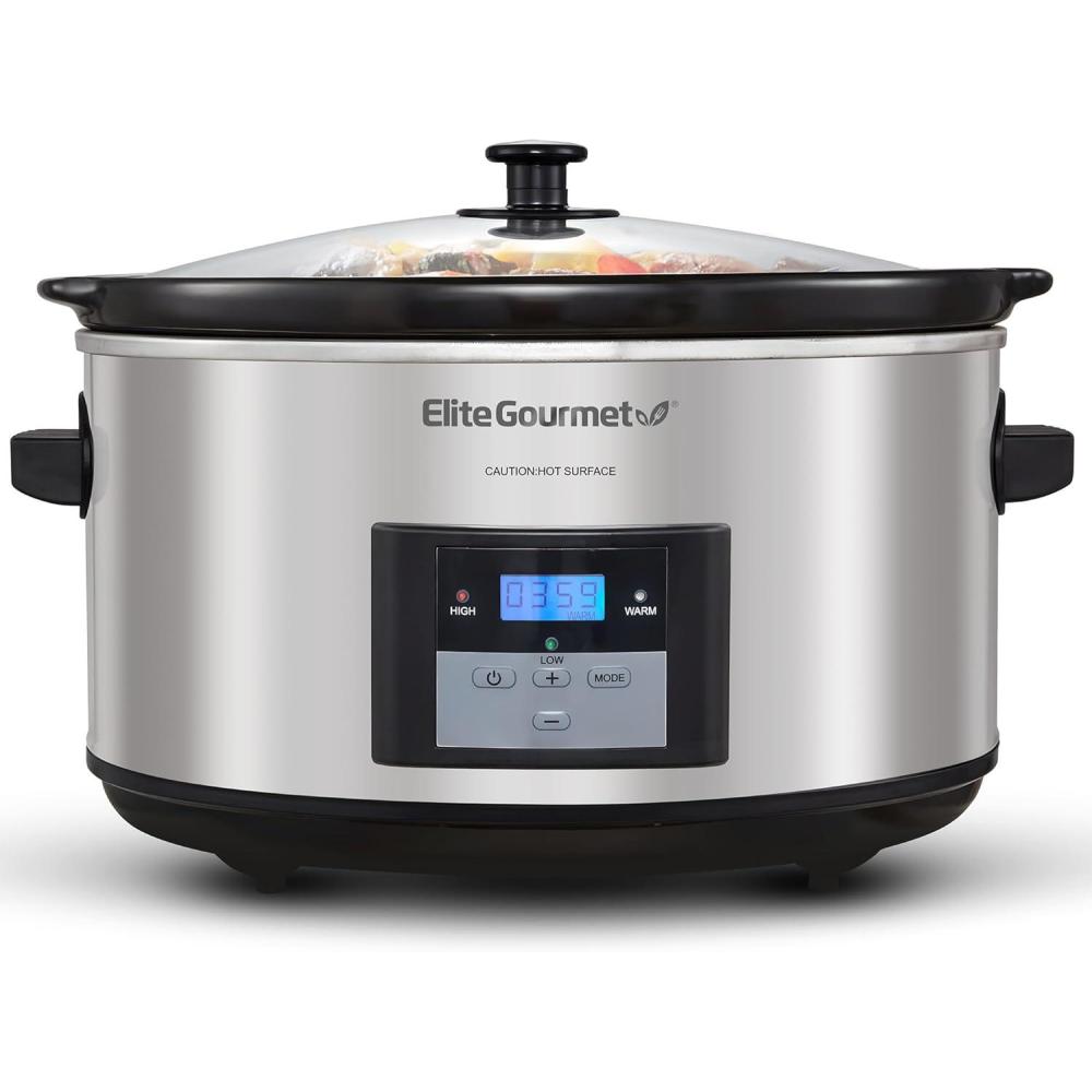 image:imageElite Gourmet Stainless Steel Slow Cooker DishwasherSafe with Tempered Glass Lid CoolTouch Handles Removable Stoneware Pot 85 QuartMST900VStainless SteelBlack