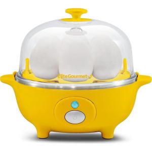 Elite Gourmet EGC-007 Rapid Egg Cooker, 7 Easy-To-Peel, Hard, Medium, Soft Boiled Eggs, Poacher, Omelet Maker, Auto Shut-Off, Alarm, 16-Recipe Booklet, White(Yellow)