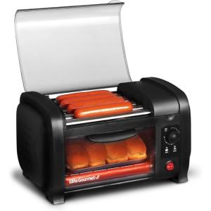Elite Gourmet EHD-051B Hot Dog Toaster Oven, 30-Min Timer, Stainless Steel Heat Rollers Bake & Crumb Tray, World Series Baseball, 4 Bun Capacity, Black(NEW VERSION)
