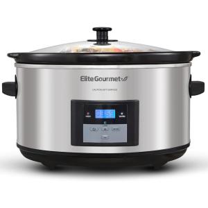 Elite Gourmet Stainless Steel Slow Cooker, Dishwasher-Safe with Tempered Glass Lid, Cool-Touch Handles, Removable Stoneware Pot, 8.5 Quart,MST-900V(Stainless Steel/Black)