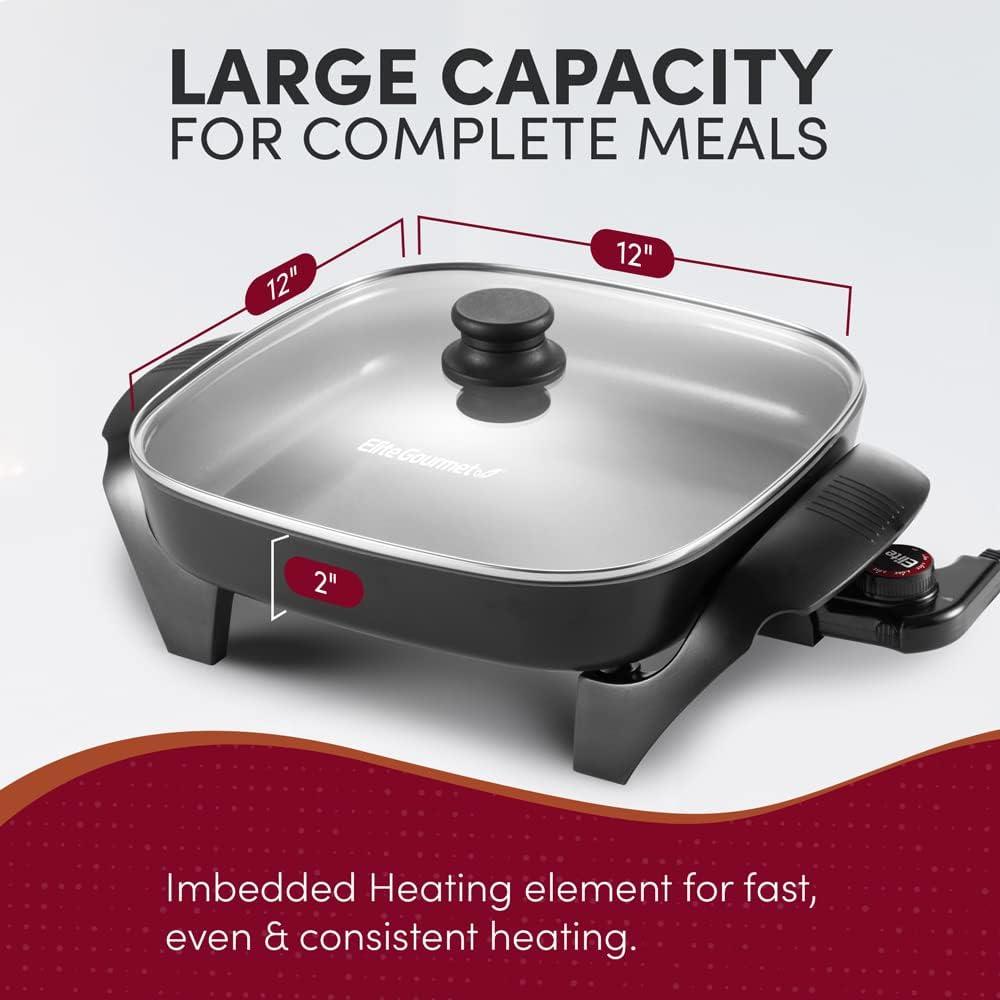 image:imageElite Gourmet 15 x 12 x 3 StowAway Foldable Electric Skillet Ceralast PFAS Free Ceramic 1500W Rapid Heat Dishwasher Safe Pan amp Lid BlackGrey12 x 12 6 Qt