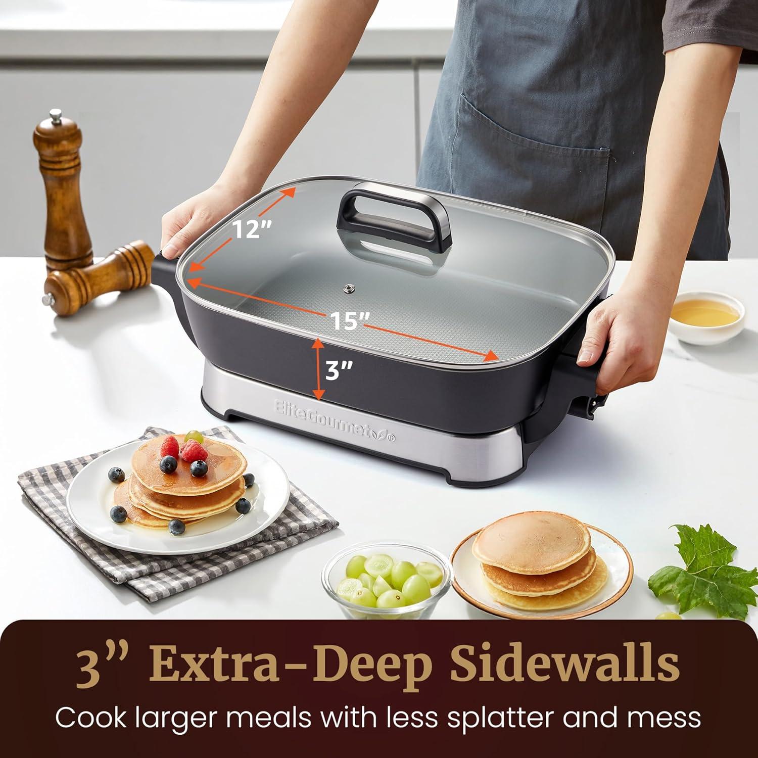 image:imageElite Gourmet 15 x 12 x 3 StowAway Foldable Electric Skillet Ceralast PFAS Free Ceramic 1500W Rapid Heat Dishwasher Safe Pan amp Lid BlackGrey15 x 12 10 Qt