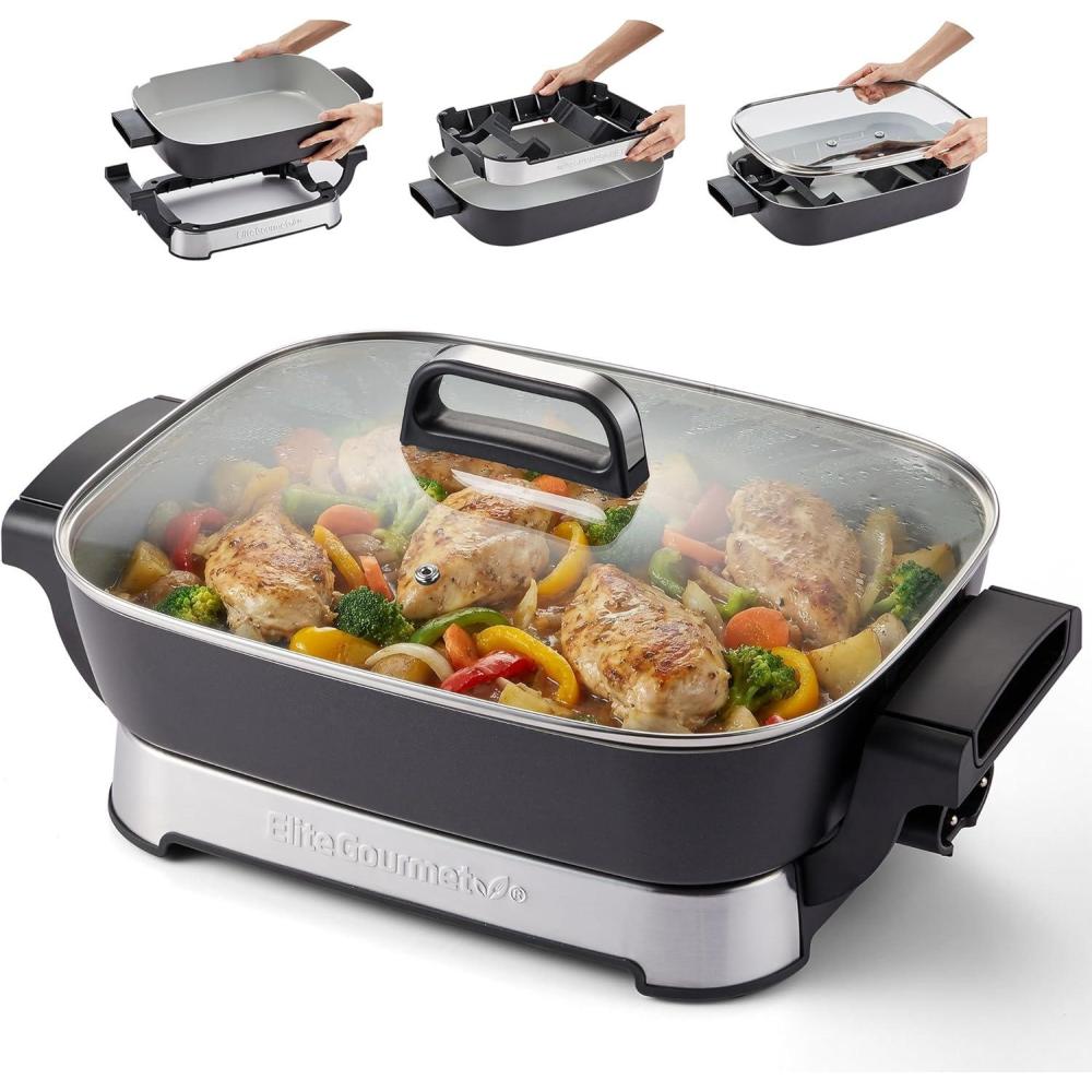 image:imageElite Gourmet 15 x 12 x 3 StowAway Foldable Electric Skillet Ceralast PFAS Free Ceramic 1500W Rapid Heat Dishwasher Safe Pan amp Lid BlackGrey15 x 12 10 Qt