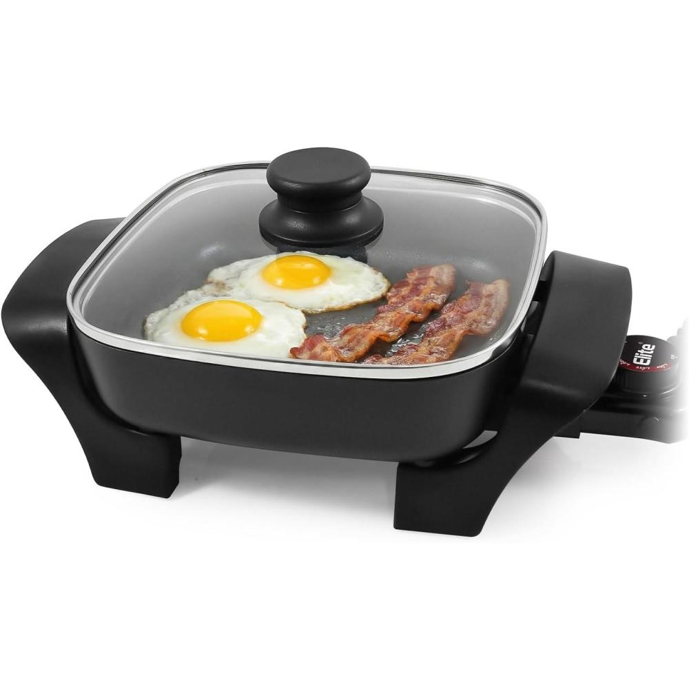 image:imageElite Gourmet 15 x 12 x 3 StowAway Foldable Electric Skillet Ceralast PFAS Free Ceramic 1500W Rapid Heat Dishwasher Safe Pan amp Lid BlackGrey8 x 8 25 Qt
