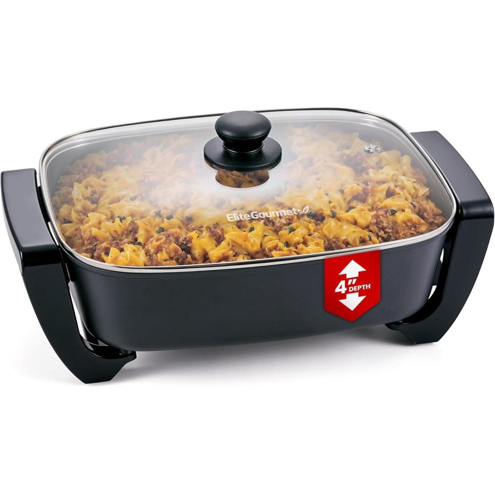 image:imageElite Gourmet EG6203 Extra Deep 16x13x32 105Qt Scratch Resistant Easy Pour Spout Dishwasher Safe Nonstick Electric Skillet with Vented Glass Lid Adjustable Temperature Black125Qt