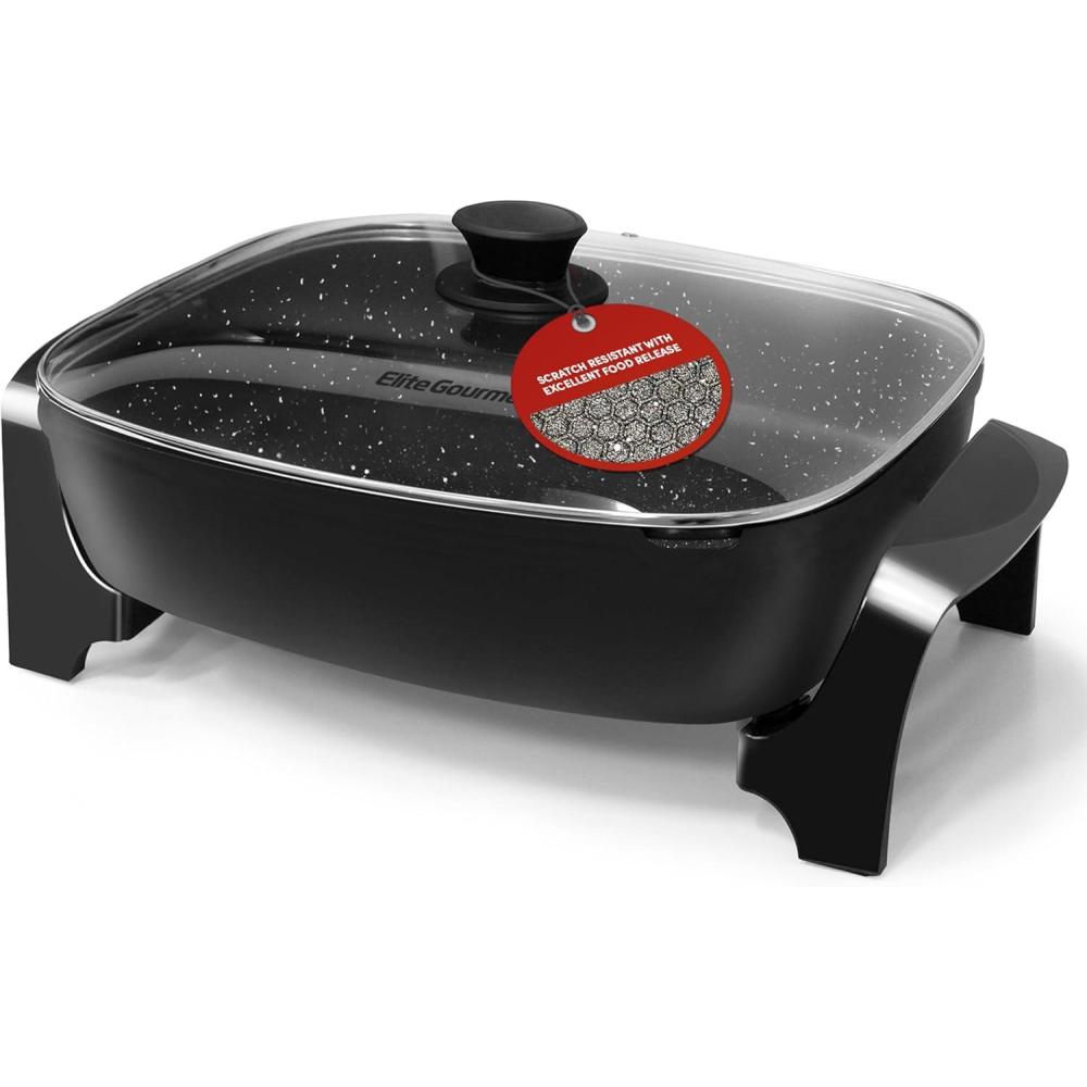 image:imageElite Gourmet EG6203 Extra Deep 16x13x32 105Qt Scratch Resistant Easy Pour Spout Dishwasher Safe Nonstick Electric Skillet with Vented Glass Lid Adjustable Temperature Black105Qt
