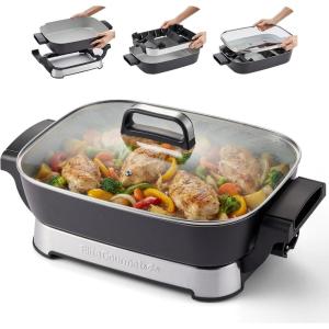 Elite Gourmet 15″ x 12″ x 3″ Stow-Away Foldable Electric Skillet, Ceralast™ PFAS Free Ceramic, 1500W Rapid Heat, Dishwasher Safe Pan & Lid, Black/Grey(15″ x 12″ (10 Qt))