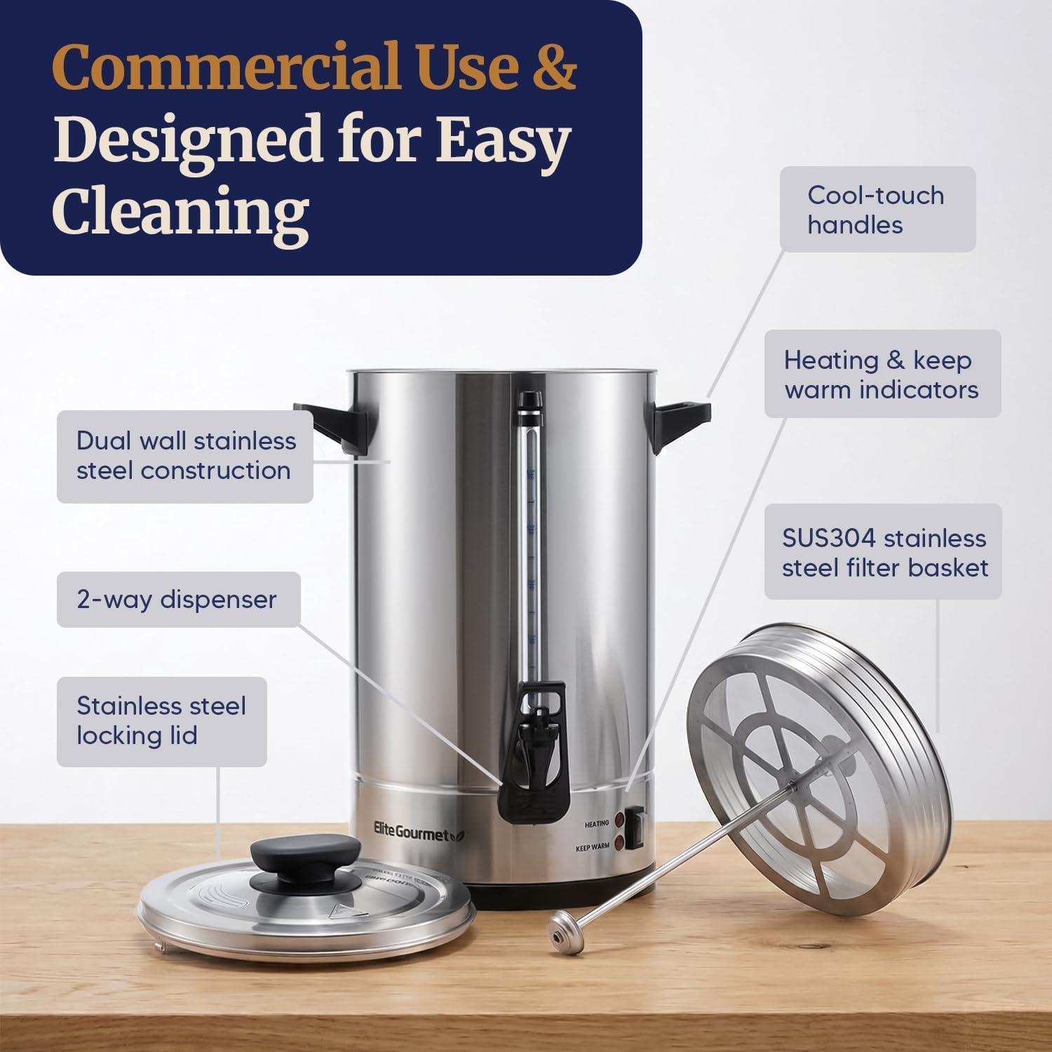 image:imageElite Gourmet CCM035 MaxiMatic 30 Cup Stainless Steel Coffee Urn Removable Filter For Easy Cleanup Two Way Dispenser with CoolTouch Handles Electric Coffee Maker Urn Stainless Steel100 Cups