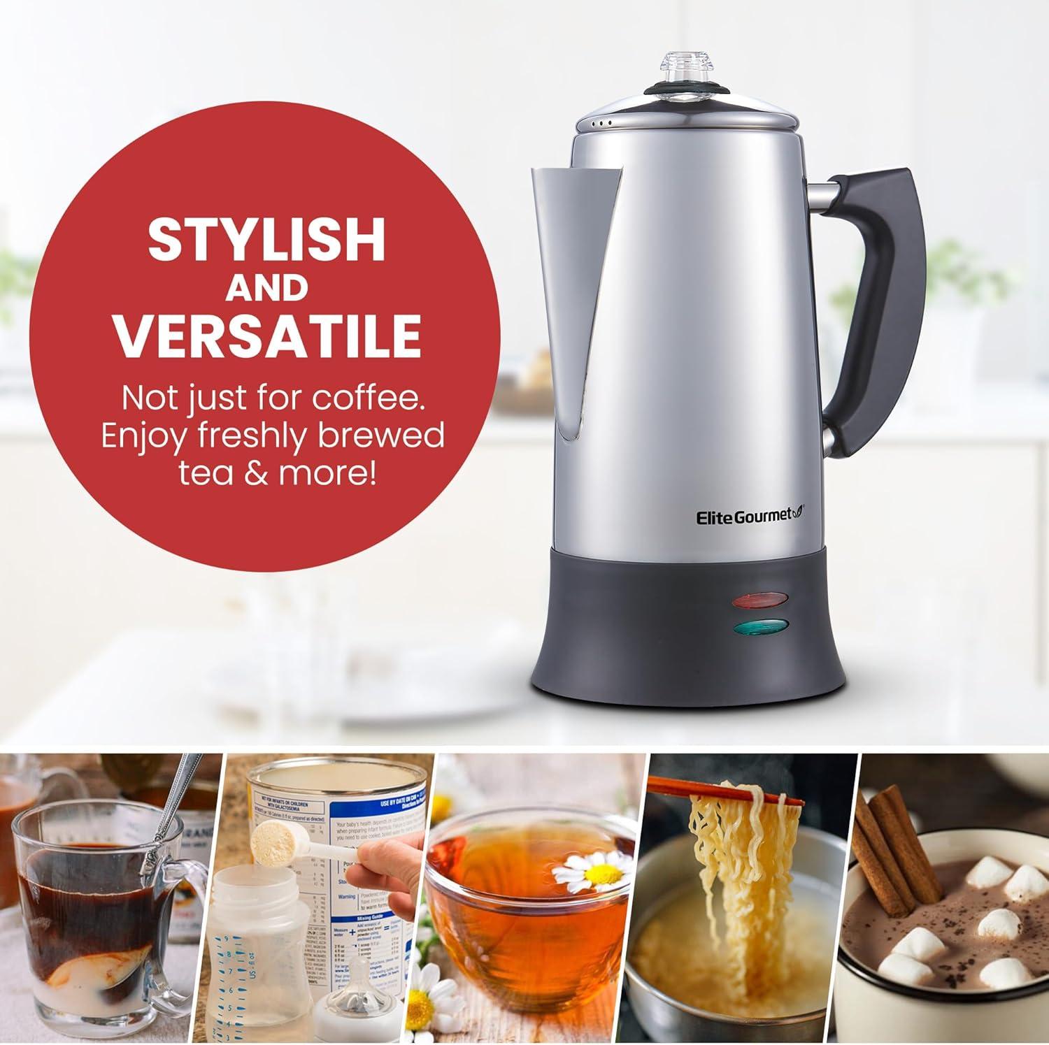 image:imageElite Gourmet EC923 Electric Coffee Percolator BPA Free Keep Warm Clear Brew Progress Knob CoolTouch Handle Cordless Serve 12Cup Stainless Steel96ounce12 Cup