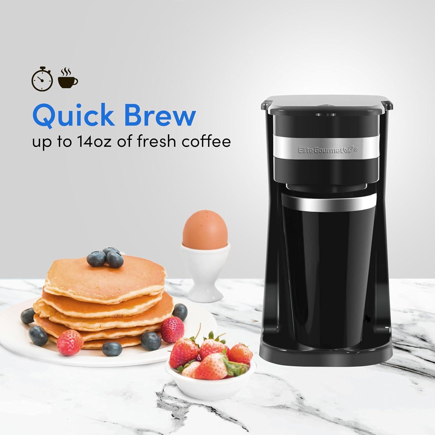 image:imageElite Gourmet EHC112B Personal SingleServe Compact Coffee Maker Brewer Includes 14Oz Thermal Travel Mug with Stainless Steel Interior Compatible with Coffee Grounds Reusable Filter BlackBlack