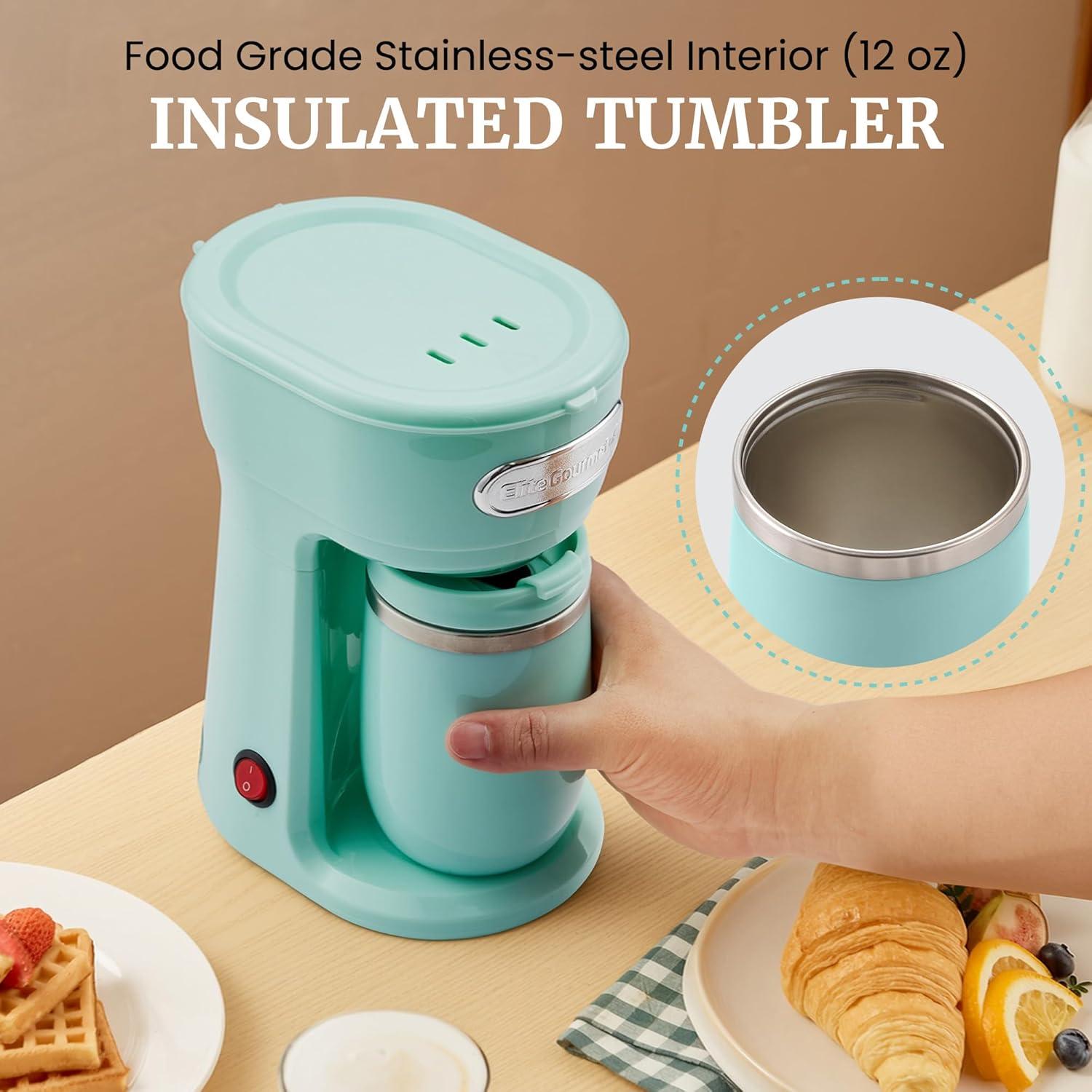 image:imageElite Gourmet EHC112B Personal SingleServe Compact Coffee Maker Brewer Includes 14Oz Thermal Travel Mug with Stainless Steel Interior Compatible with Coffee Grounds Reusable Filter BlackMint