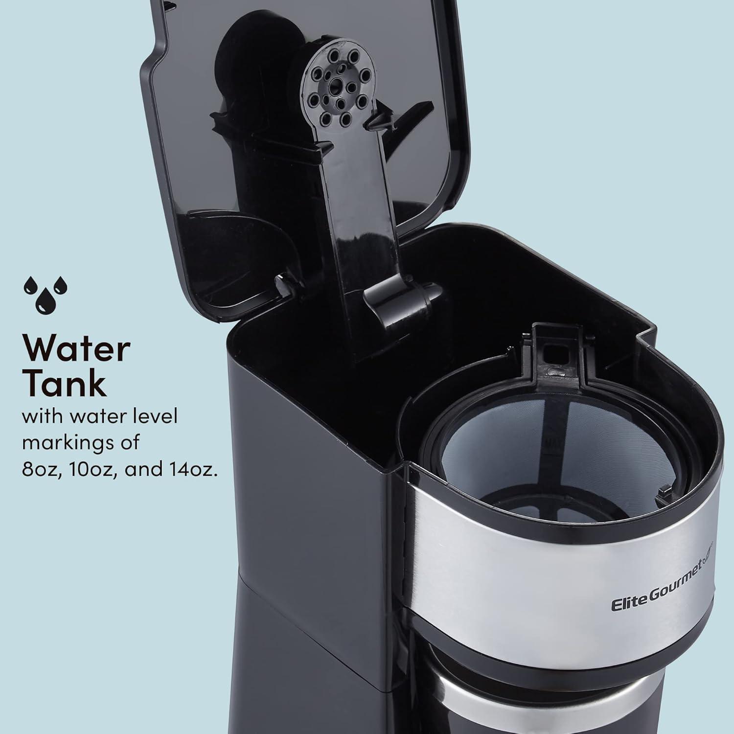 image:imageElite Gourmet EHC112B Personal SingleServe Compact Coffee Maker Brewer Includes 14Oz Thermal Travel Mug with Stainless Steel Interior Compatible with Coffee Grounds Reusable Filter BlackStainless Steel