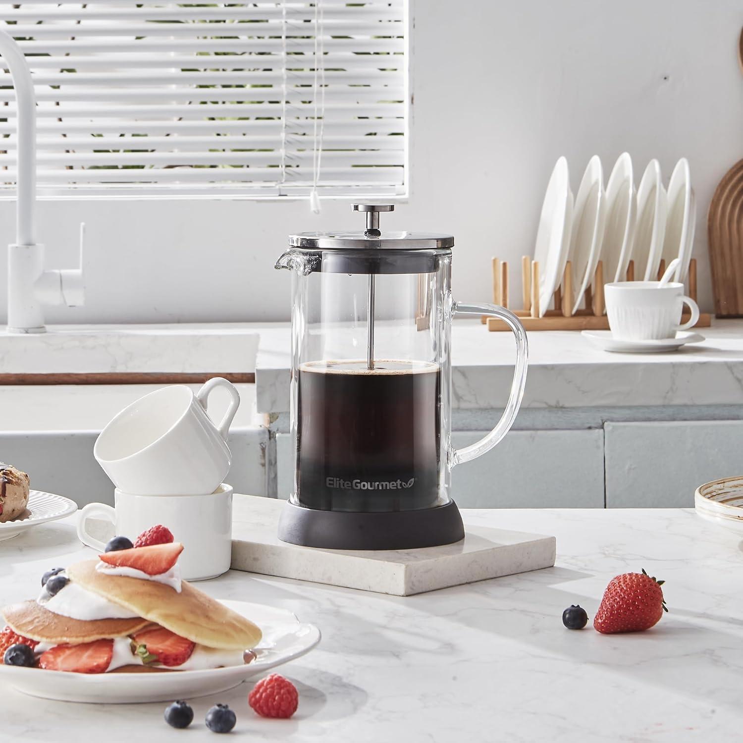 image:imageElite Gourmet EHC112B Personal SingleServe Compact Coffee Maker Brewer Includes 14Oz Thermal Travel Mug with Stainless Steel Interior Compatible with Coffee Grounds Reusable Filter BlackGlass