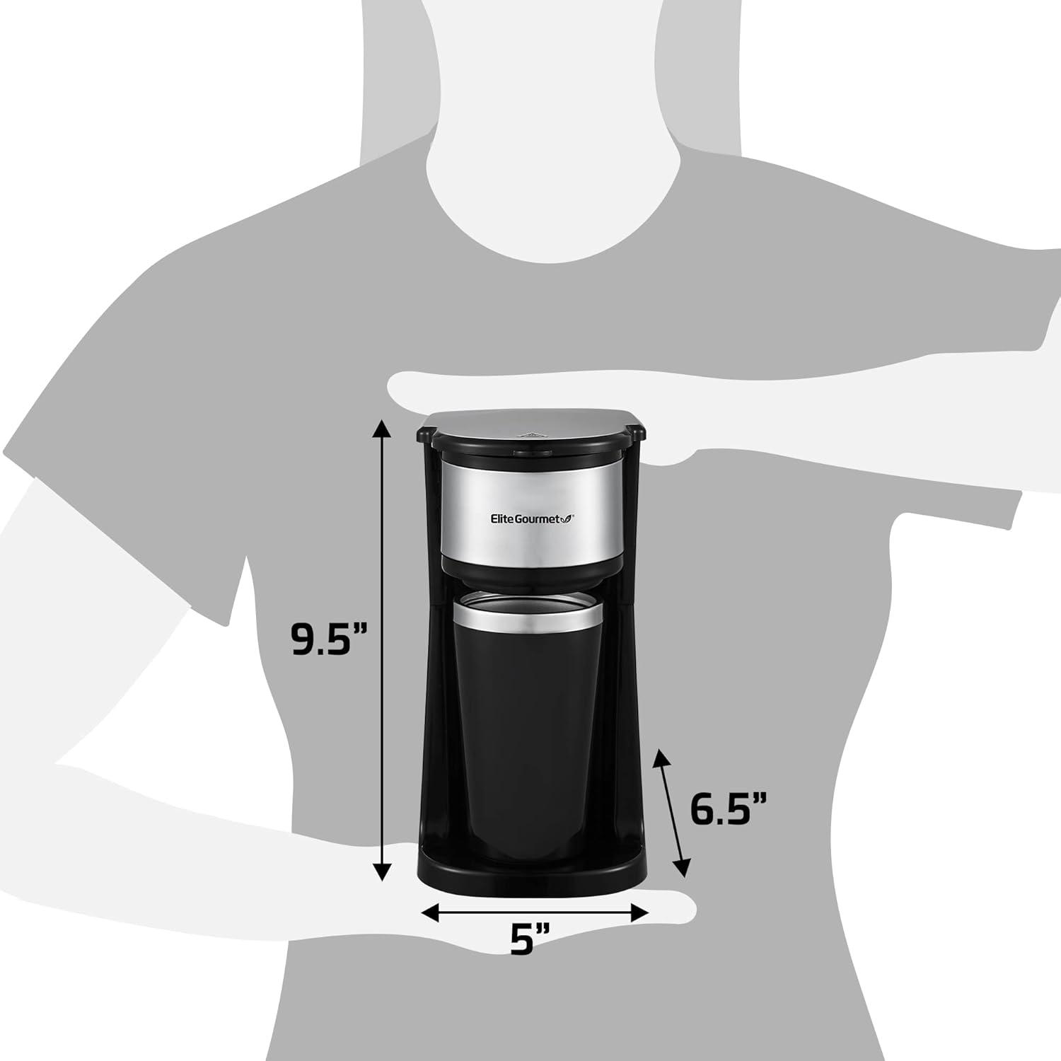 image:imageElite Gourmet EHC112B Personal SingleServe Compact Coffee Maker Brewer Includes 14Oz Thermal Travel Mug with Stainless Steel Interior Compatible with Coffee Grounds Reusable Filter BlackStainless Steel