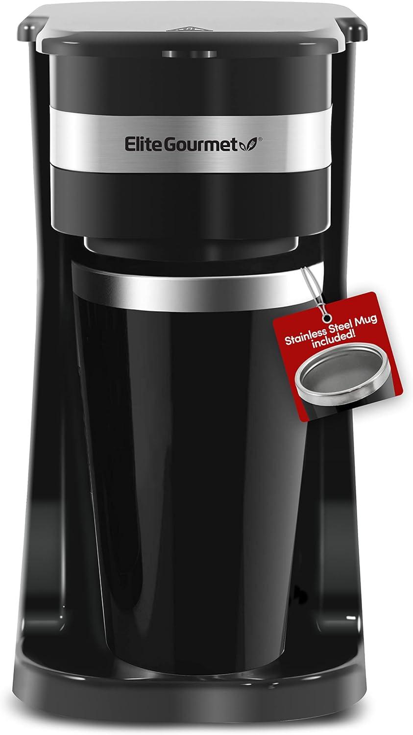 image:imageElite Gourmet EHC114 Personal SingleServe Compact Coffee Maker Brewer Includes 14Oz Thermal Travel Mug with Stainless Steel Interior Compatible with Coffee Grounds Reusable Filter BlackBlack