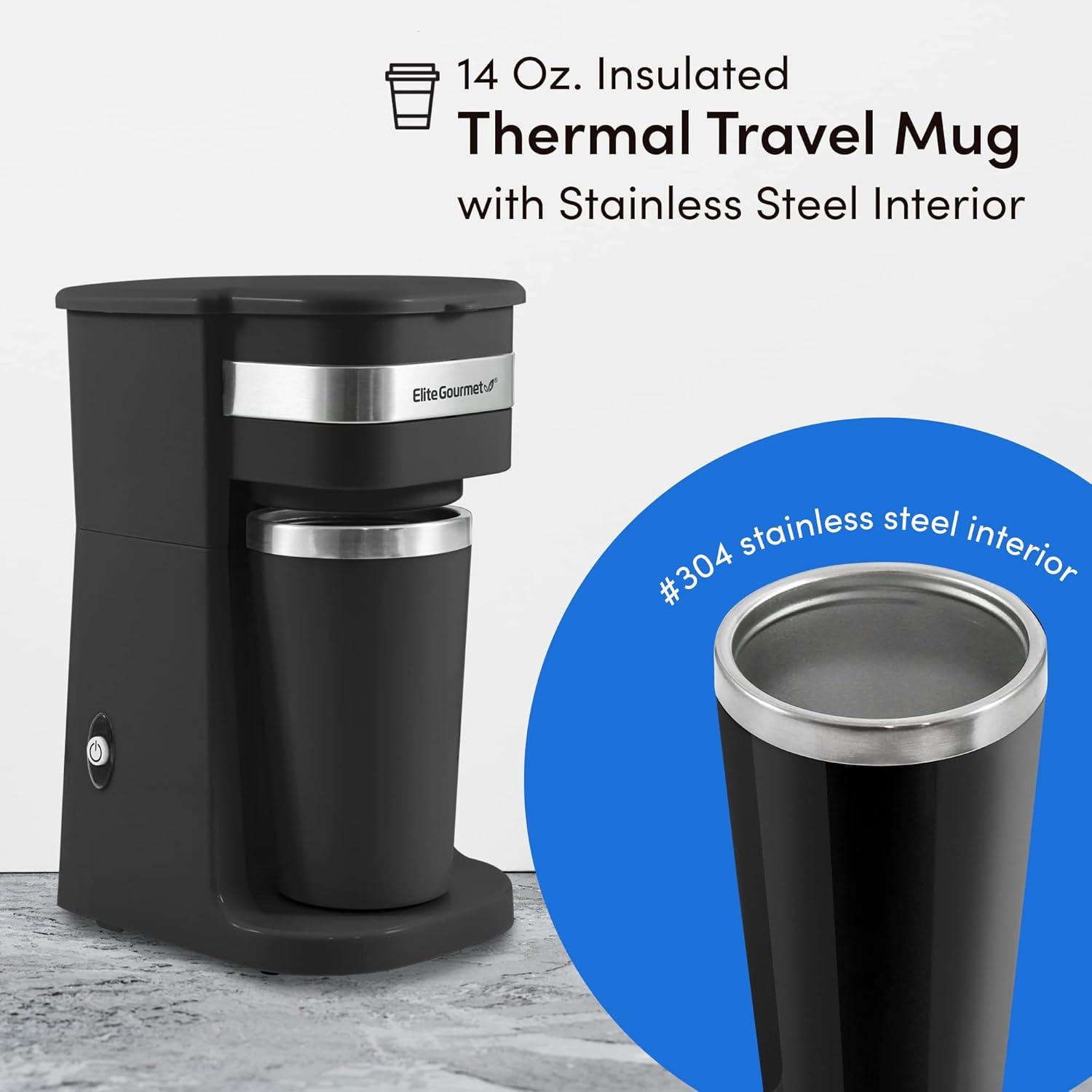 image:imageElite Gourmet EHC114 Personal SingleServe Compact Coffee Maker Brewer Includes 14Oz Thermal Travel Mug with Stainless Steel Interior Compatible with Coffee Grounds Reusable Filter BlackBlack