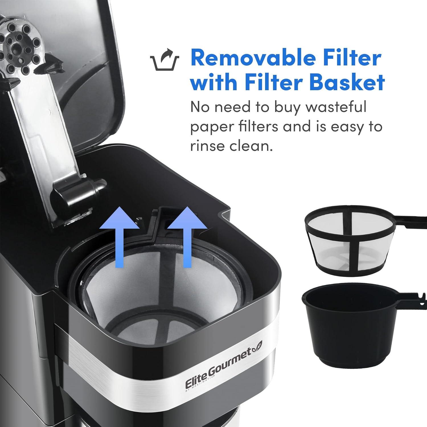 image:imageElite Gourmet EHC114 Personal SingleServe Compact Coffee Maker Brewer Includes 14Oz Thermal Travel Mug with Stainless Steel Interior Compatible with Coffee Grounds Reusable Filter BlackBlack