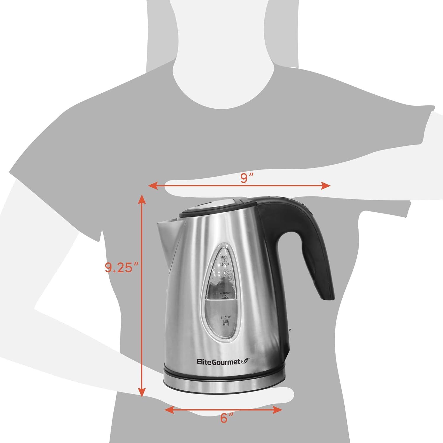 image:imageElite Gourmet EKT1271 Ultimate 17 Liter Electric Kettle Stainless Steel Design amp Cordless 360 Base Stylish Blue LED Interior Handy Auto ShutOff Function Quickly Boil Water For Tea amp MoreStainless Steel