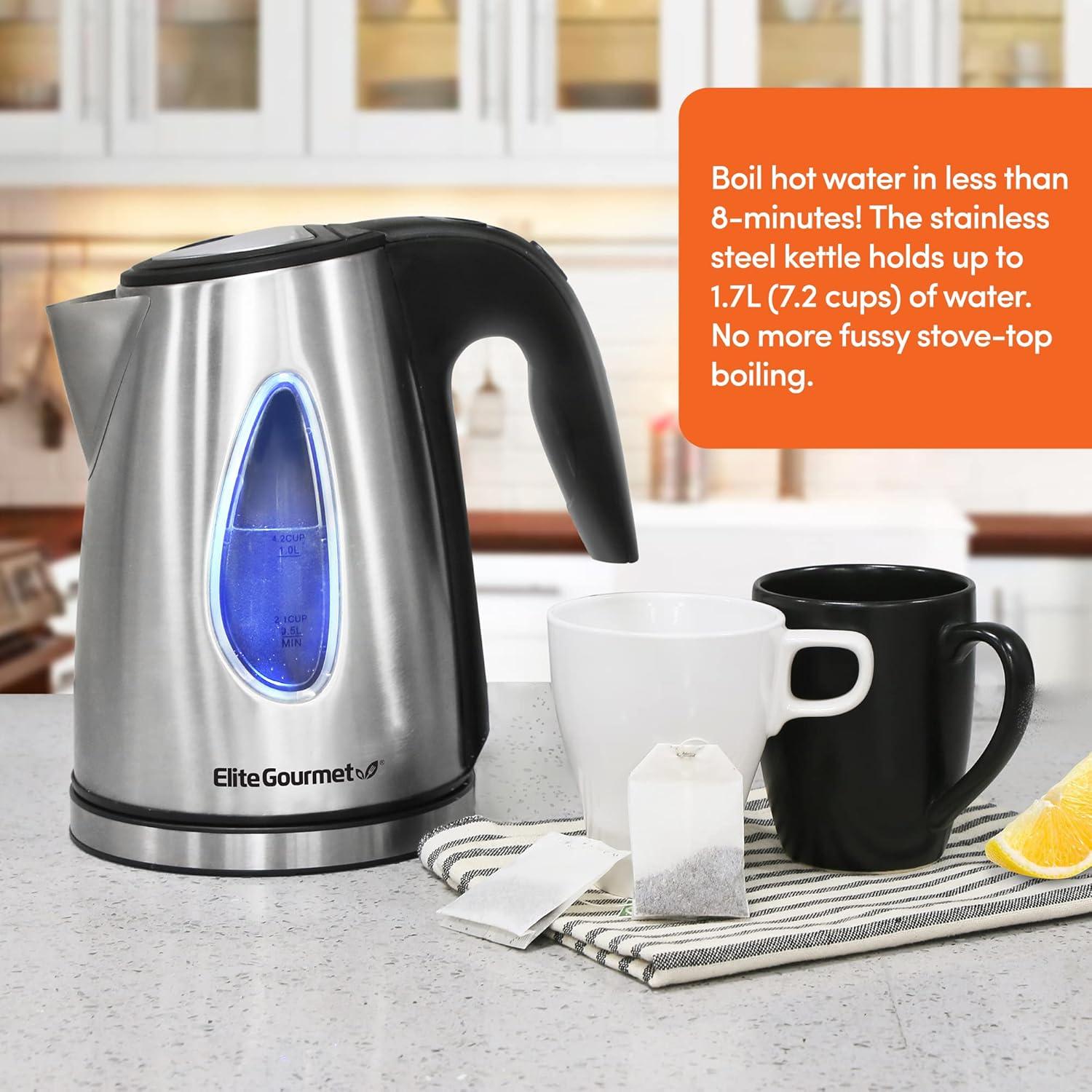image:imageElite Gourmet EKT1271 Ultimate 17 Liter Electric Kettle Stainless Steel Design amp Cordless 360 Base Stylish Blue LED Interior Handy Auto ShutOff Function Quickly Boil Water For Tea amp MoreStainless Steel