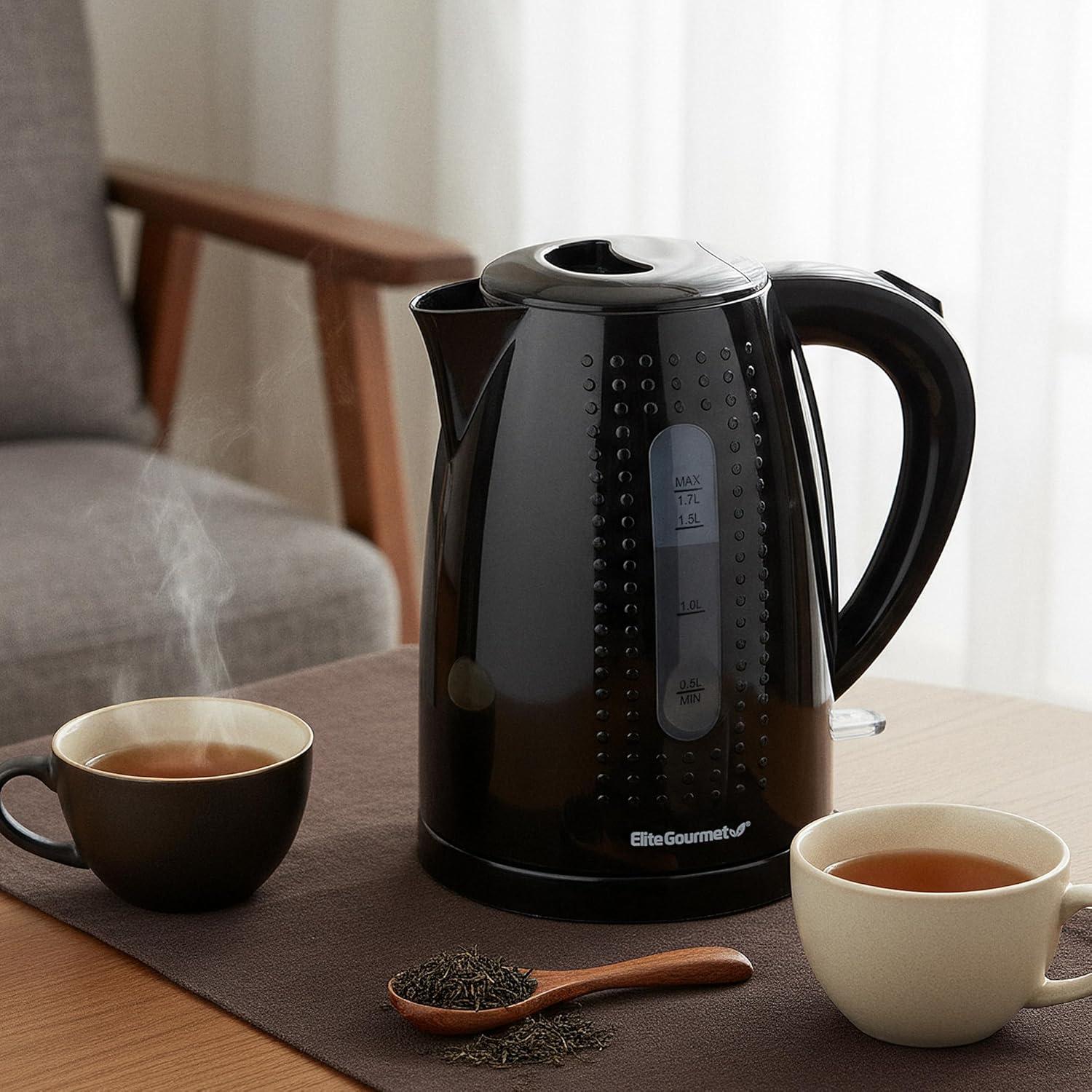 image:imageElite Gourmet EKT1271 Ultimate 17 Liter Electric Kettle Stainless Steel Design amp Cordless 360 Base Stylish Blue LED Interior Handy Auto ShutOff Function Quickly Boil Water For Tea amp MoreBlack