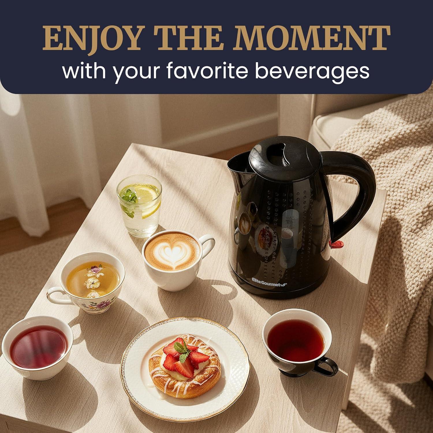 image:imageElite Gourmet EKT1271 Ultimate 17 Liter Electric Kettle Stainless Steel Design amp Cordless 360 Base Stylish Blue LED Interior Handy Auto ShutOff Function Quickly Boil Water For Tea amp MoreBlack