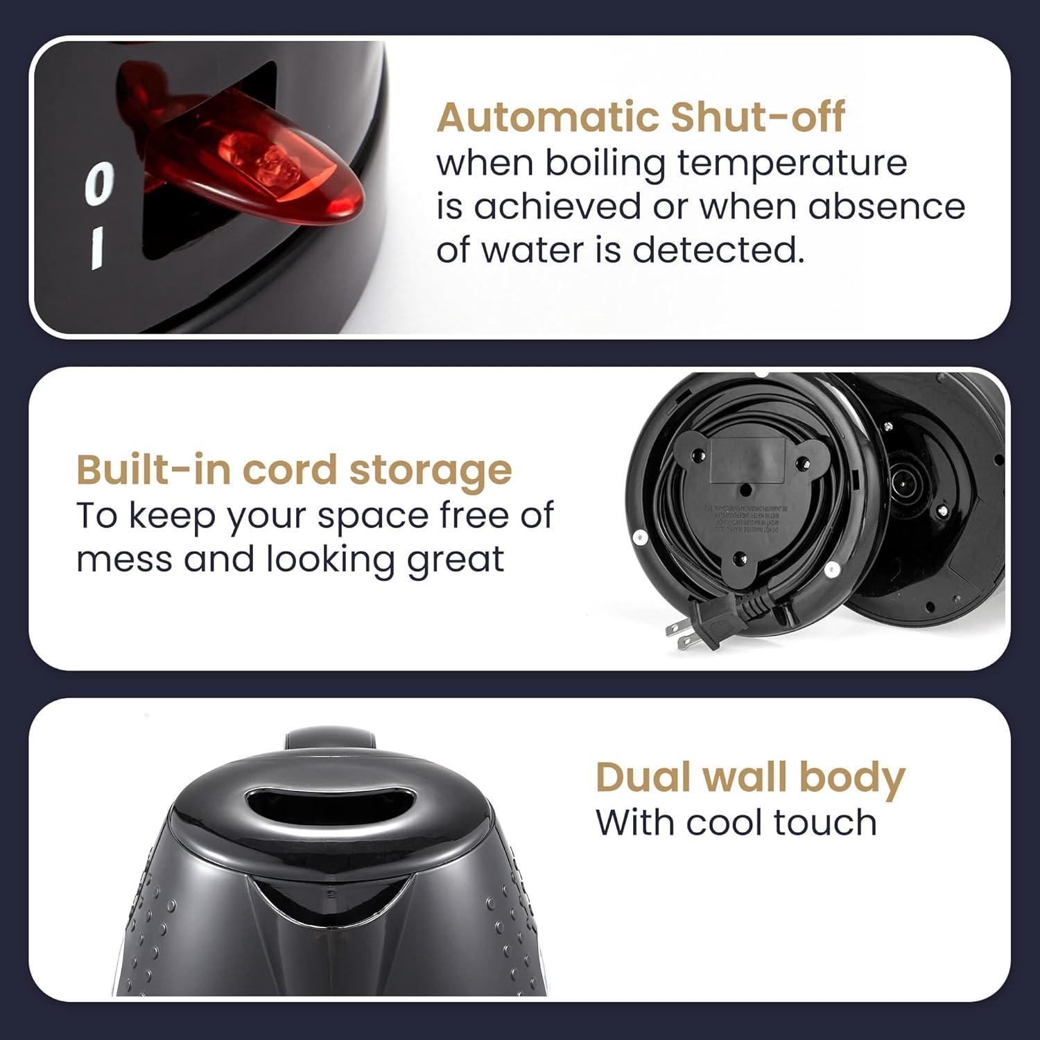 image:imageElite Gourmet EKT1271 Ultimate 17 Liter Electric Kettle Stainless Steel Design amp Cordless 360 Base Stylish Blue LED Interior Handy Auto ShutOff Function Quickly Boil Water For Tea amp MoreBlack