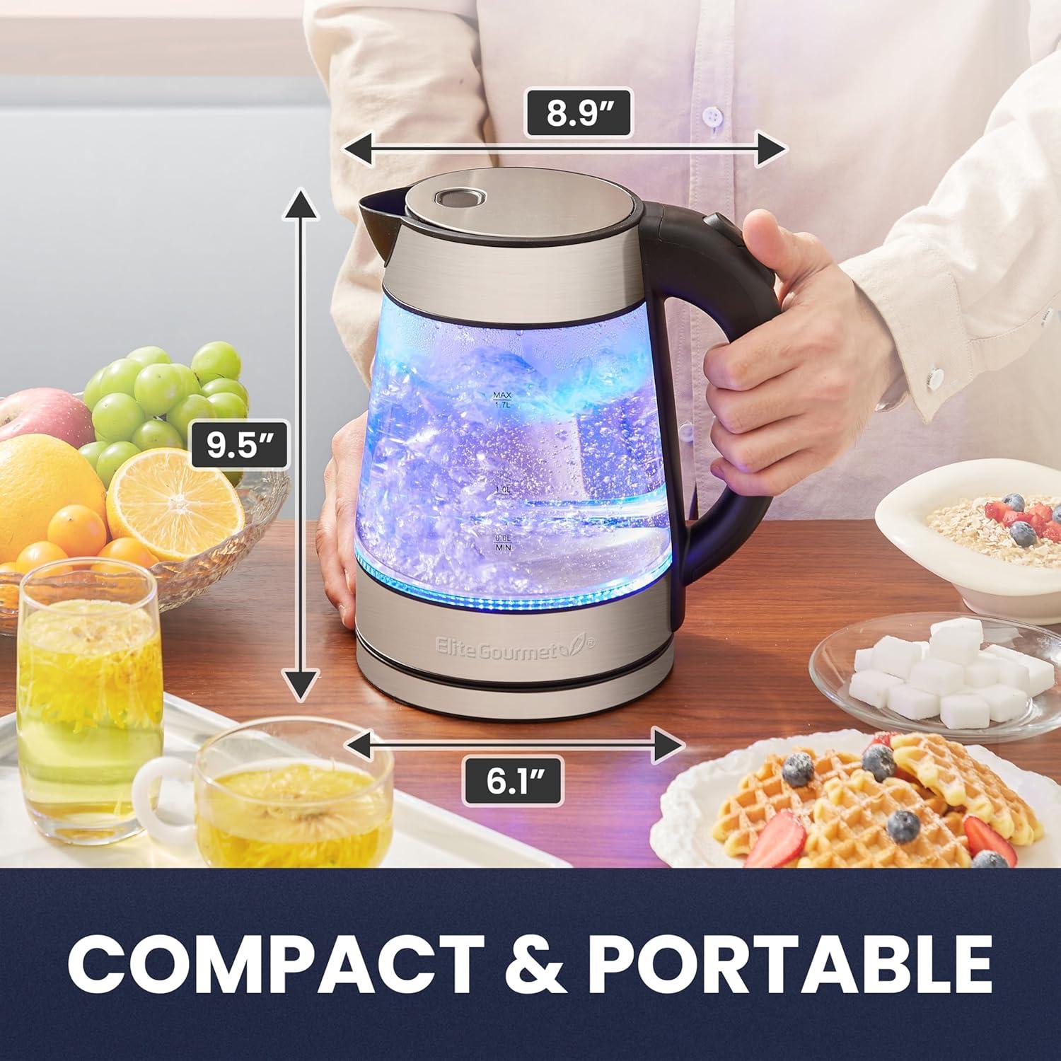 image:imageElite Gourmet EKT1271 Ultimate 17 Liter Electric Kettle Stainless Steel Design amp Cordless 360 Base Stylish Blue LED Interior Handy Auto ShutOff Function Quickly Boil Water For Tea amp MoreStainless SteelGlass