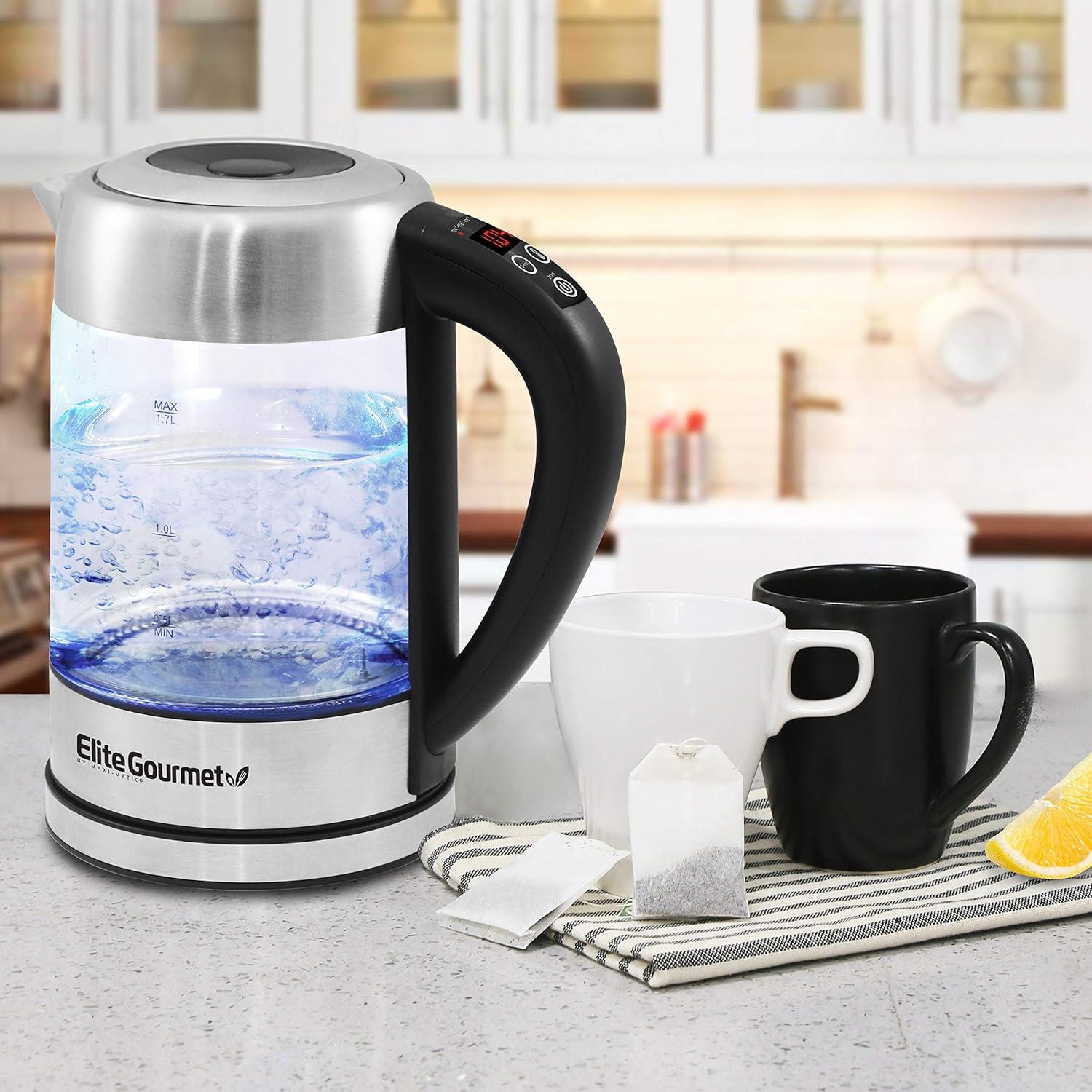 image:imageElite Gourmet EKT1271 Ultimate 17 Liter Electric Kettle Stainless Steel Design amp Cordless 360 Base Stylish Blue LED Interior Handy Auto ShutOff Function Quickly Boil Water For Tea amp MoreGlass