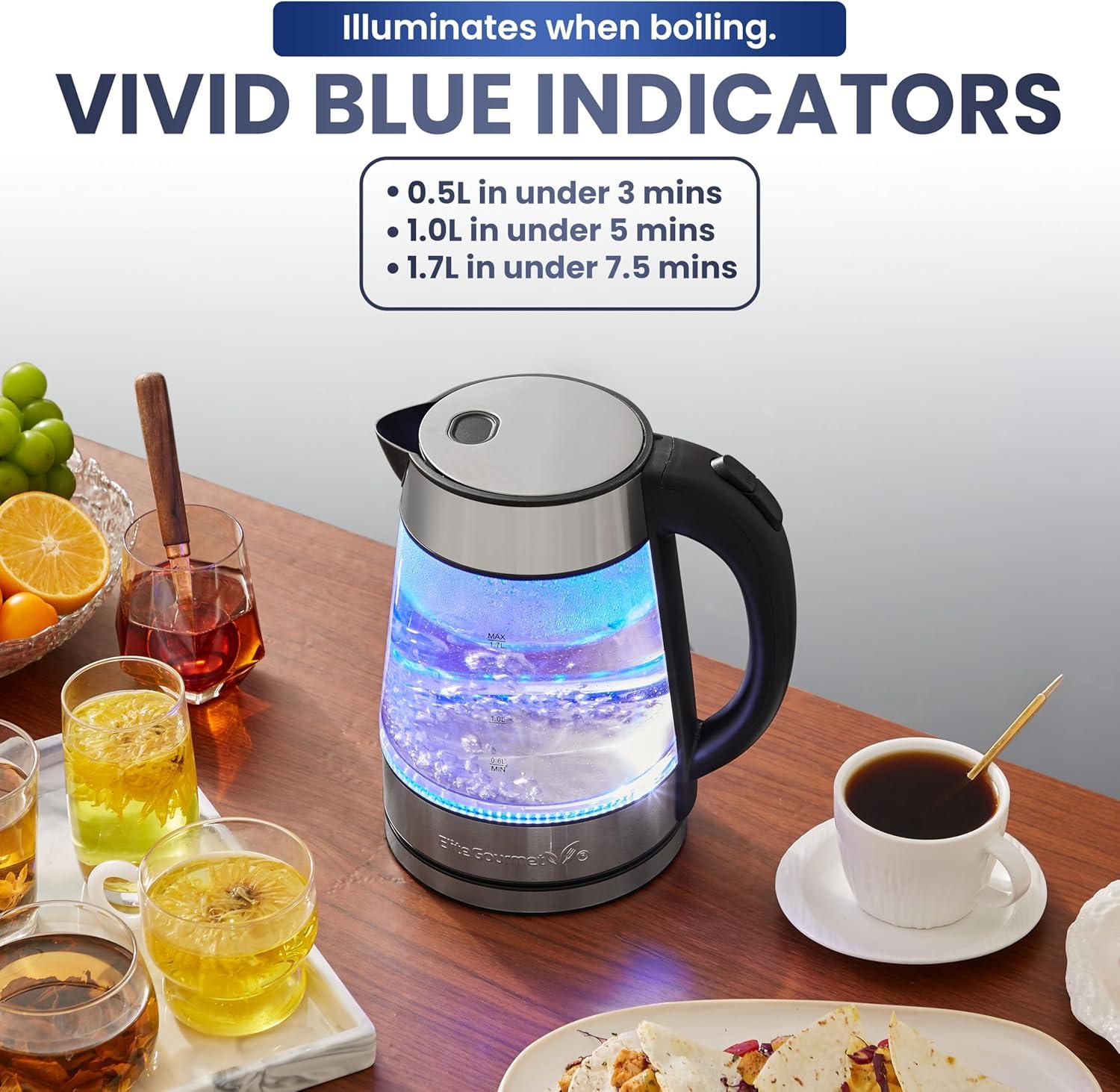 image:imageElite Gourmet EKT1271 Ultimate 17 Liter Electric Kettle Stainless Steel Design amp Cordless 360 Base Stylish Blue LED Interior Handy Auto ShutOff Function Quickly Boil Water For Tea amp MoreStainless SteelGlass