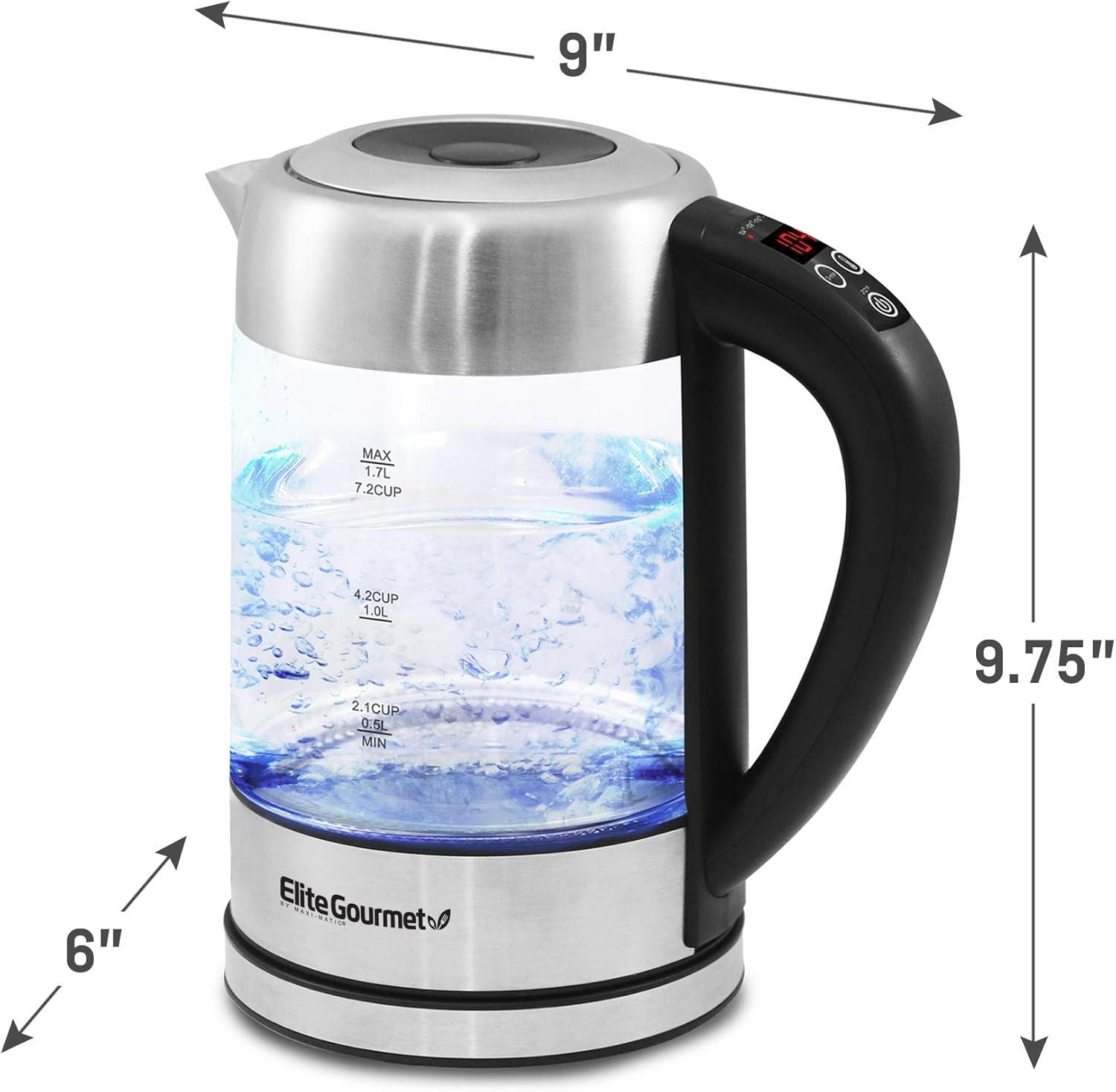 image:imageElite Gourmet EKT1271 Ultimate 17 Liter Electric Kettle Stainless Steel Design amp Cordless 360 Base Stylish Blue LED Interior Handy Auto ShutOff Function Quickly Boil Water For Tea amp MoreGlass