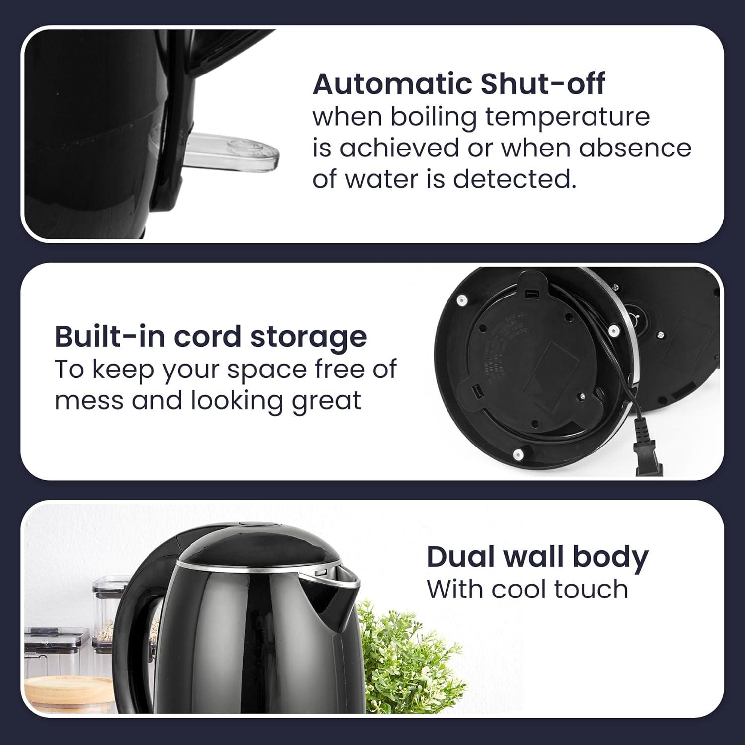 image:imageElite Gourmet EKT1821 18L Double Wall Insulated CoolTouch 1500W Kettle wStainless Steel Interior amp Lid 360 Swivel Base for Cord Free Serving Power On Lever Auto ShutOff Boil Dry Black19 Quarts